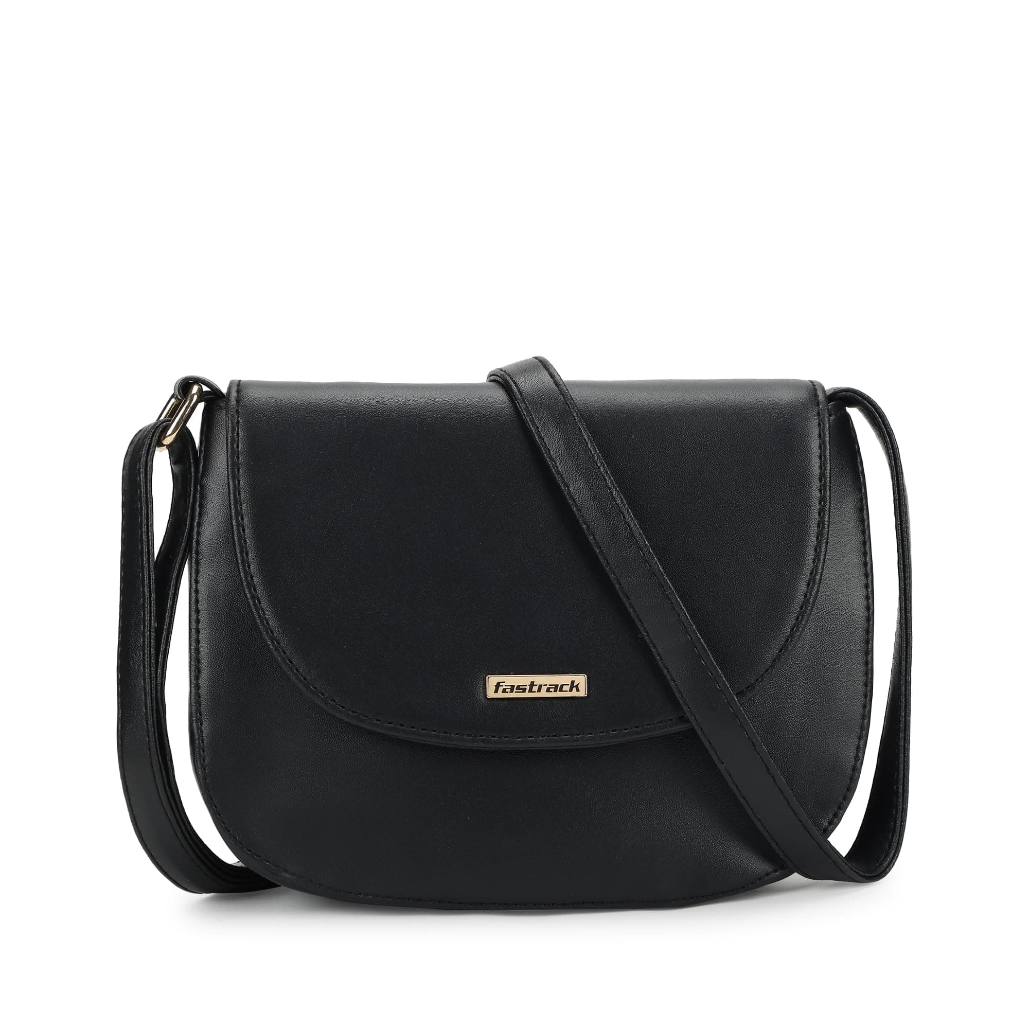 Fastrack Double Compartment Sling Bag | Faux Leather Sling Bag With Magnetic Button Closure | Adjustable Shoulder Strap | Trendy Crossbody Bag For Girls | Trendy Women's Handbags, Black