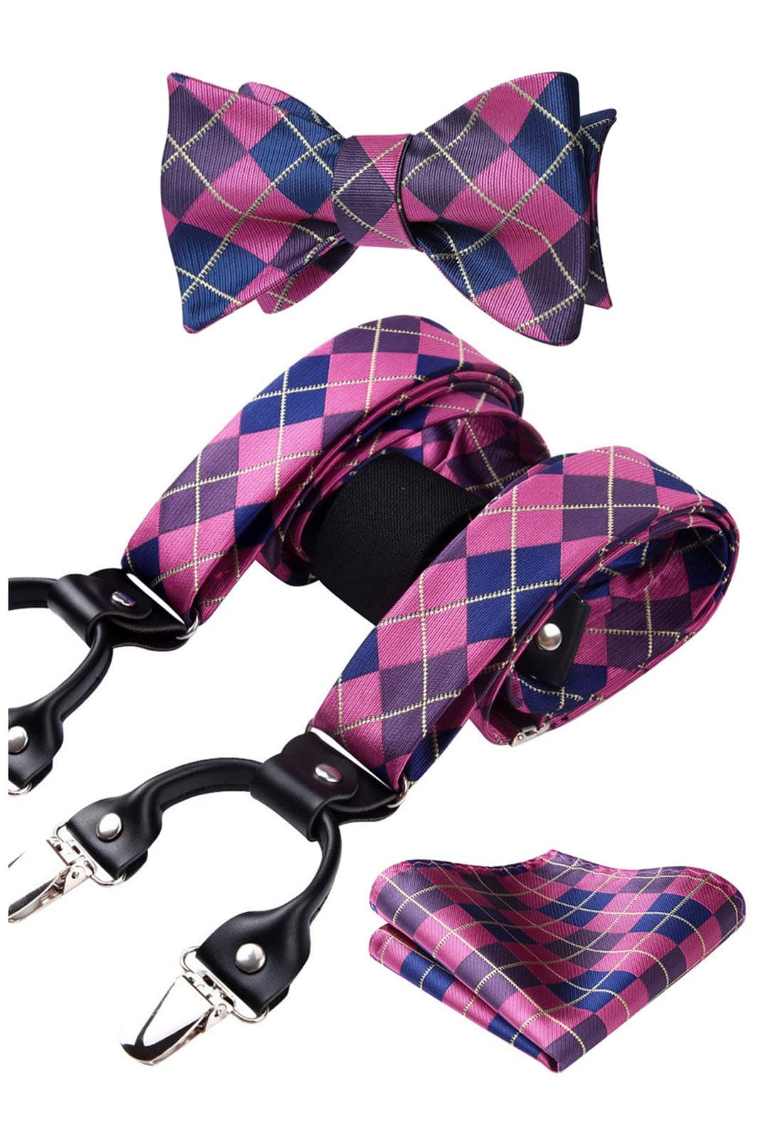 HISDERN Check Dots 6 Clips Suspenders & Bow Tie and Pocket Square Set Y Shape Adjustable Braces