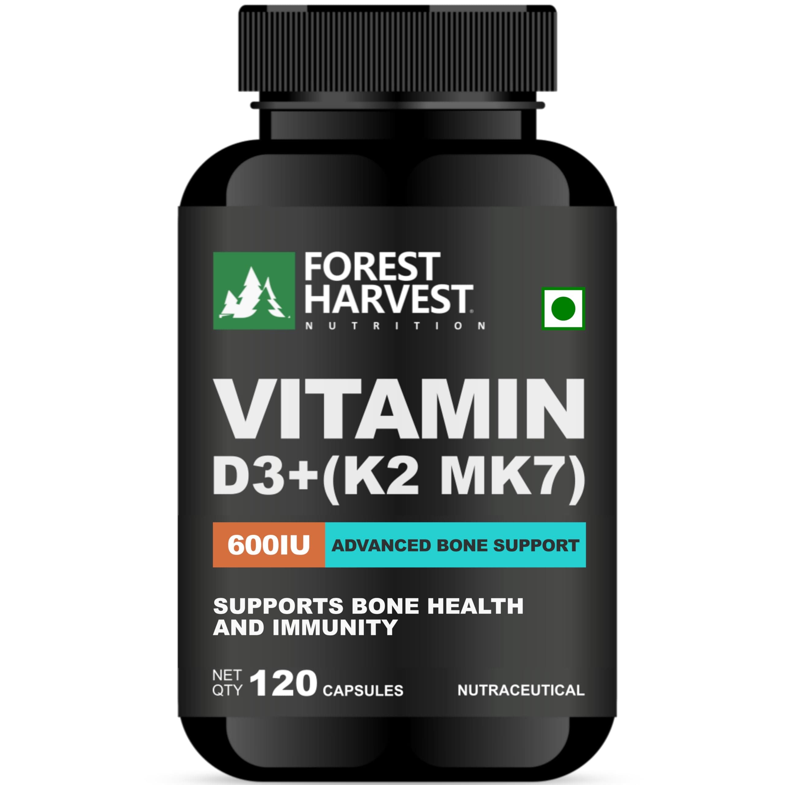 Forest Harvest Vitamin D3 (600 IU) with Vitamin K2 (MK7) (55 mcg) – Bone, Heart & Immunity Support | 120 Veg Capsules | WHO-GMP, HACCP, ISO & FSSAI Certified