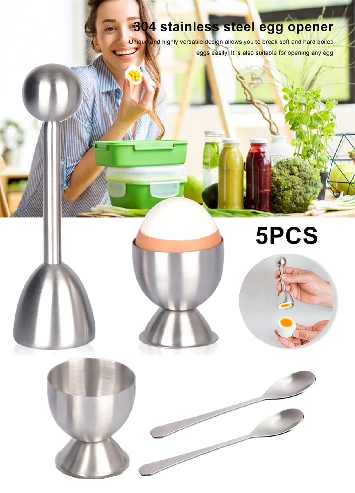 Xicennego Egg Cracker Topper Set of 5 - Includes 2 Egg Cups, 2 Spoons and 1 Cutter - Stainless Steel Easy Egg Opener