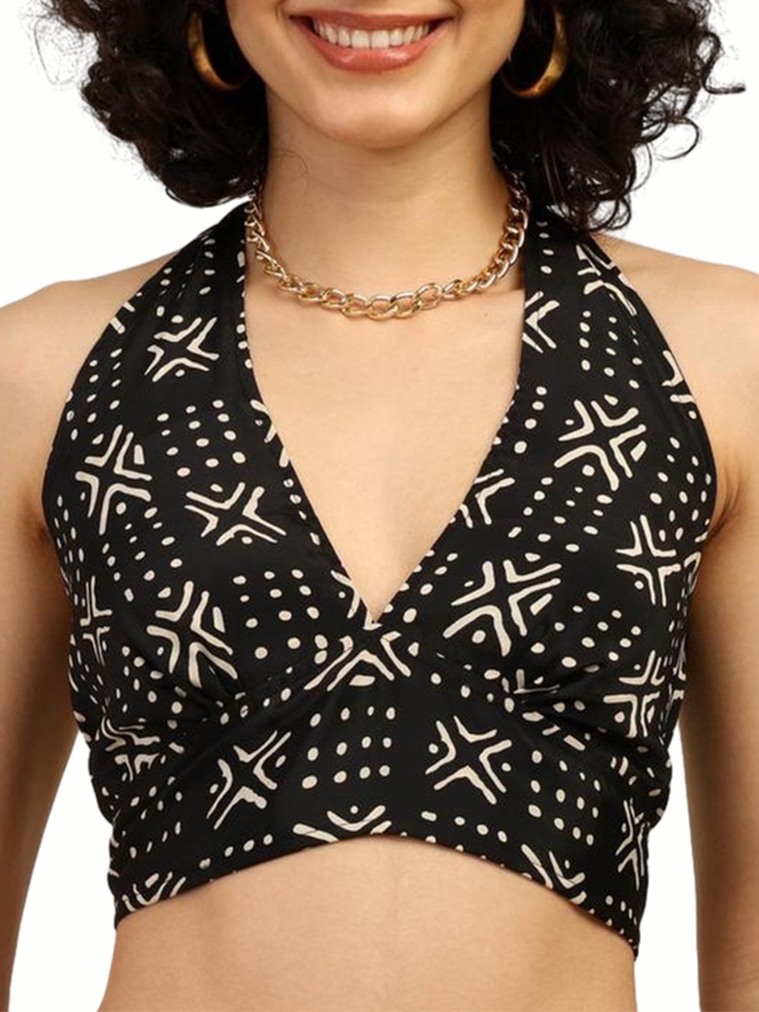 KE KANHA EXPORTS Women's Wrap Halter Neck Top, Backless V Neck Boho Border Print, Multicolor, Size S-M (Bust 30-36 in)