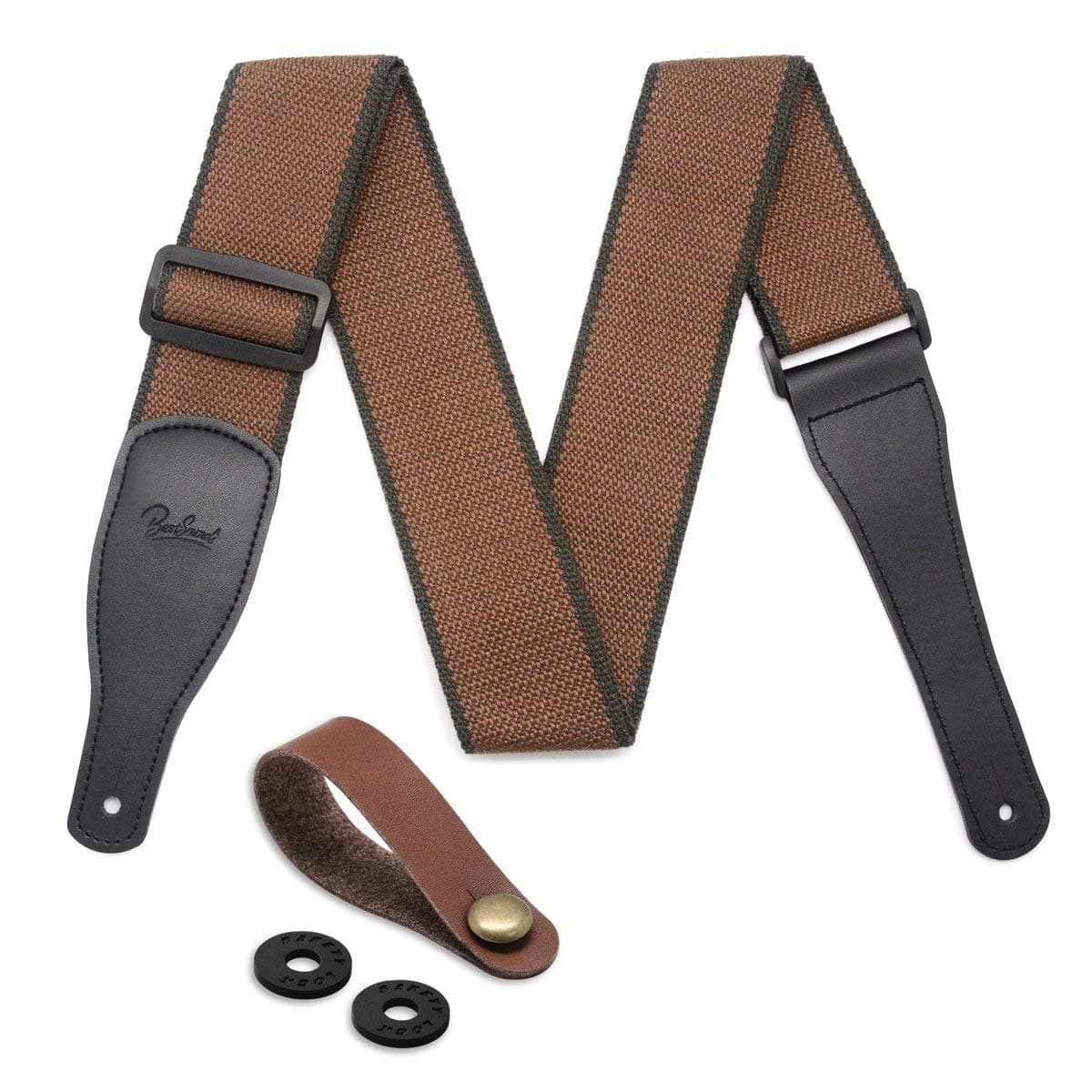 Guitar Strap 100% Soft Cotton & Leather Ends Guitar Shoulder Strap With Guitar Strap Lock and Button Headstock Adaptor (Coffee)