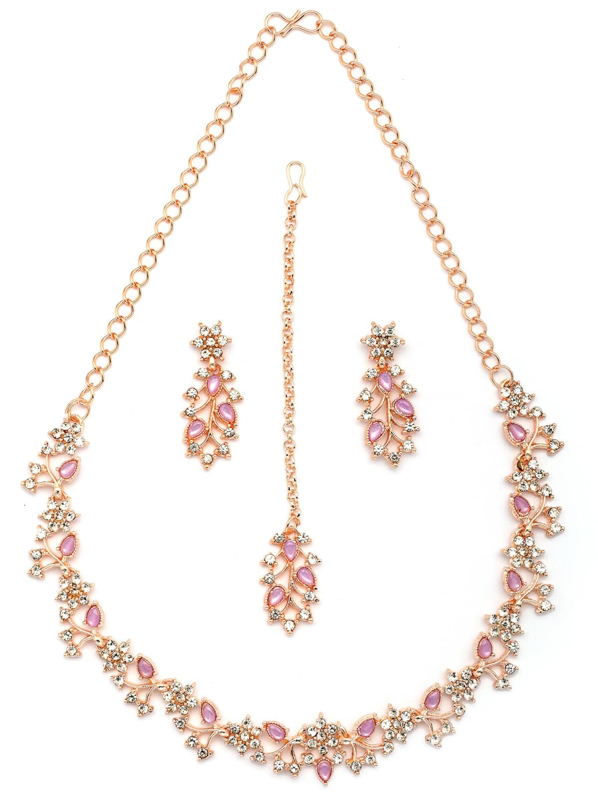 Sukkhi American Diamond AD Stone Studded Floral & Leaf Shaped Rose God Plated Purple Choker Necklace with Dangle Earring Maangtikka Jewellery Set for Women & Girls|NS107393