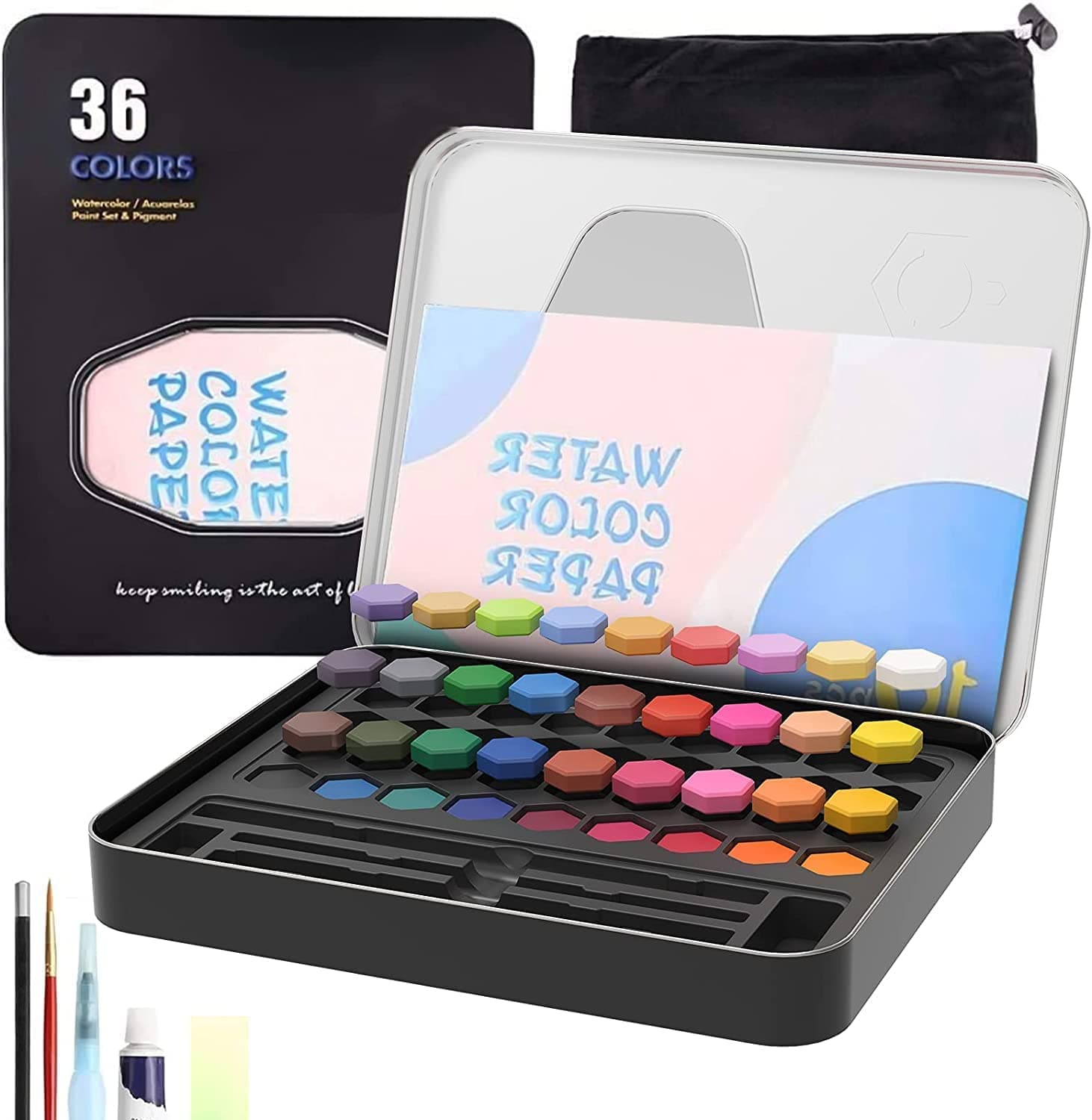 ARROLLIANT 36 Colors Watercolor Paint Set with Brush & Sponge, Solid Water Colour Cakes in Metal Tin Box, Portable Painting Kit for Artists, Students, Beginners & Kids, Multicolor Art Supplies