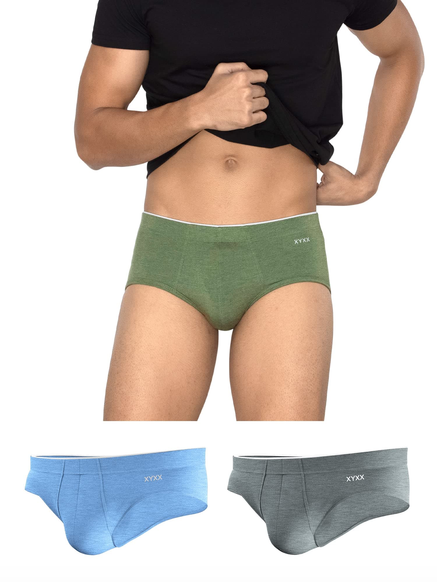 XYXX Men Micro Modal Brief, Regular Fit, Solid, Pack of 3, XYBRF3PCKN912M, Olive Green+Stone Grey+ICY Blue, M
