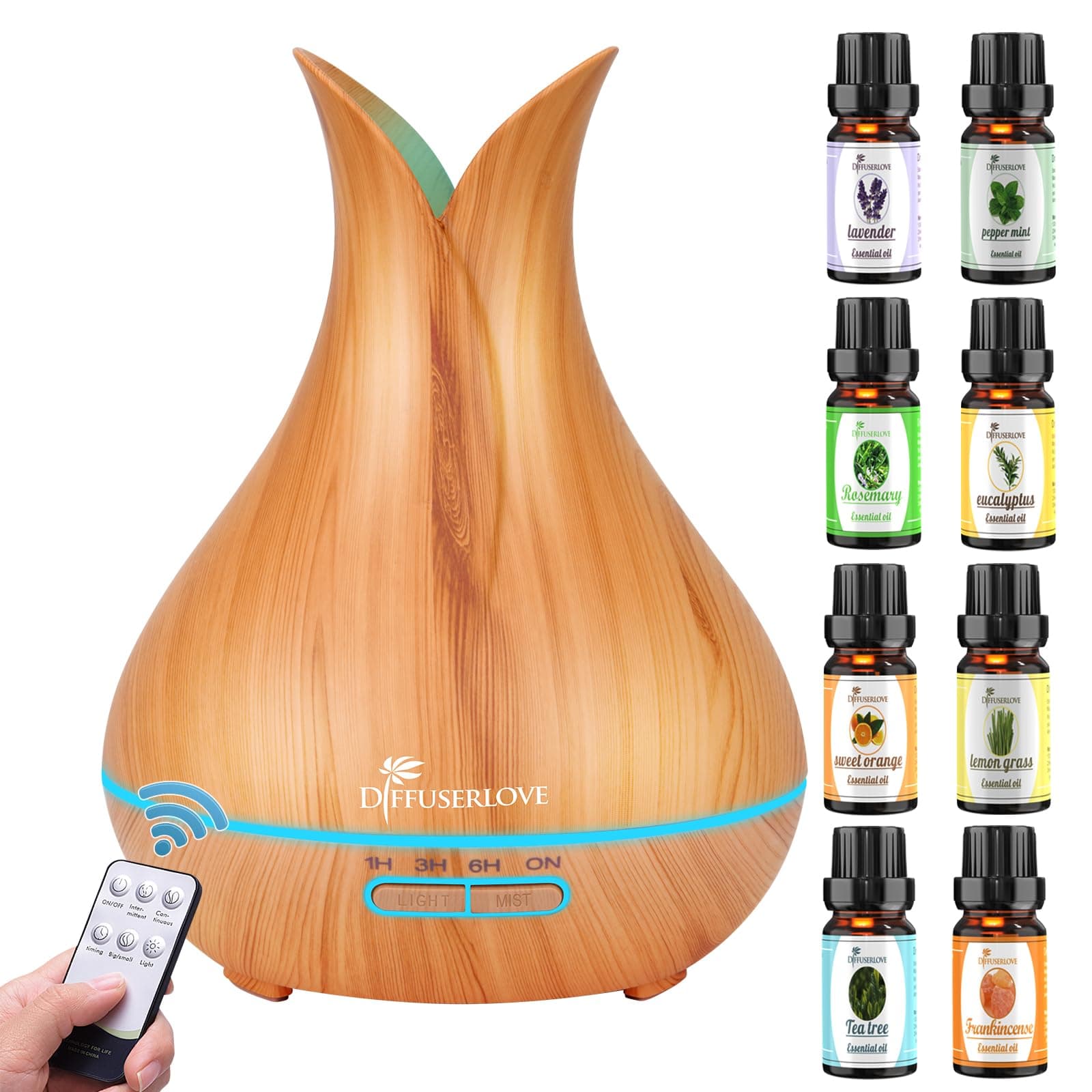 Diffuserlove Humidifier Essential Oil Diffuser Remote Control Ultrasonic Aroma Diffuser Essential Oils Whisper Quiet Mist Humidifier with 7 Color Lamps, Yellow