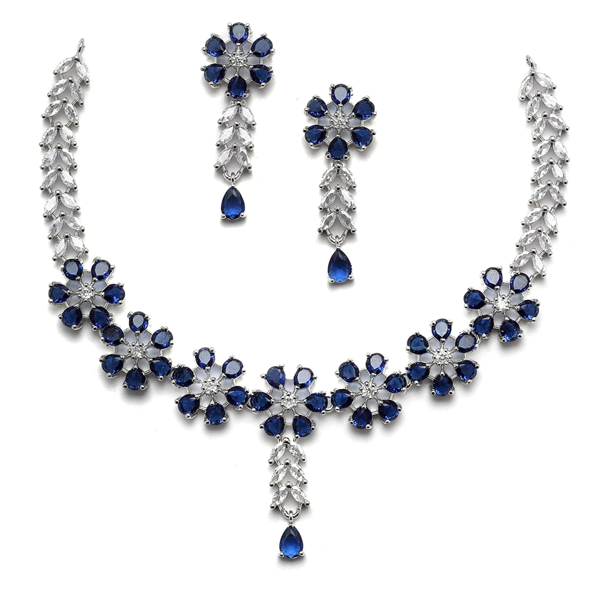 ZENEME Rhodium-Plated White Leaf American Diamond Floral Necklace Set with Earrings for Women & Girls Blue Blossom AD Jewellery Set For Womens