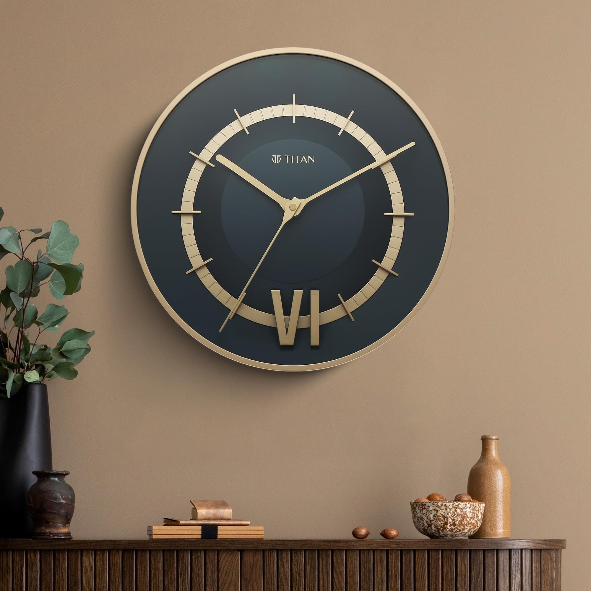 Titan Taper Series Wall Clock with Deep Blue Dial & Gold-Tone Accents, Silent Sweep, Model W0087PA02 | 32 cm x 32 cm x 4.2 cm
