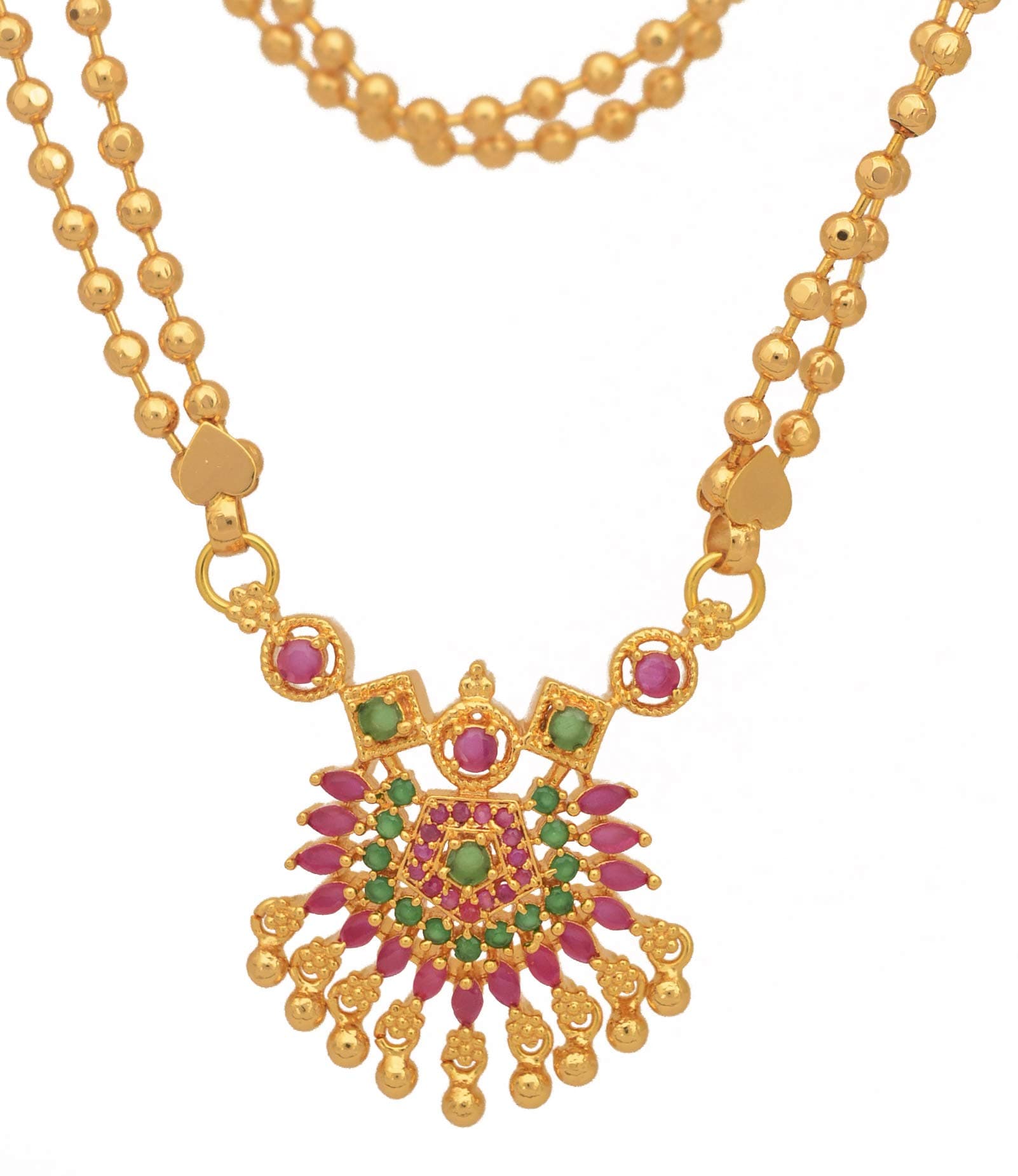Radha's Creations Medium Length 24" Double Line Chain With Ruby Emerald Pendant Necklace for Women (Pink)