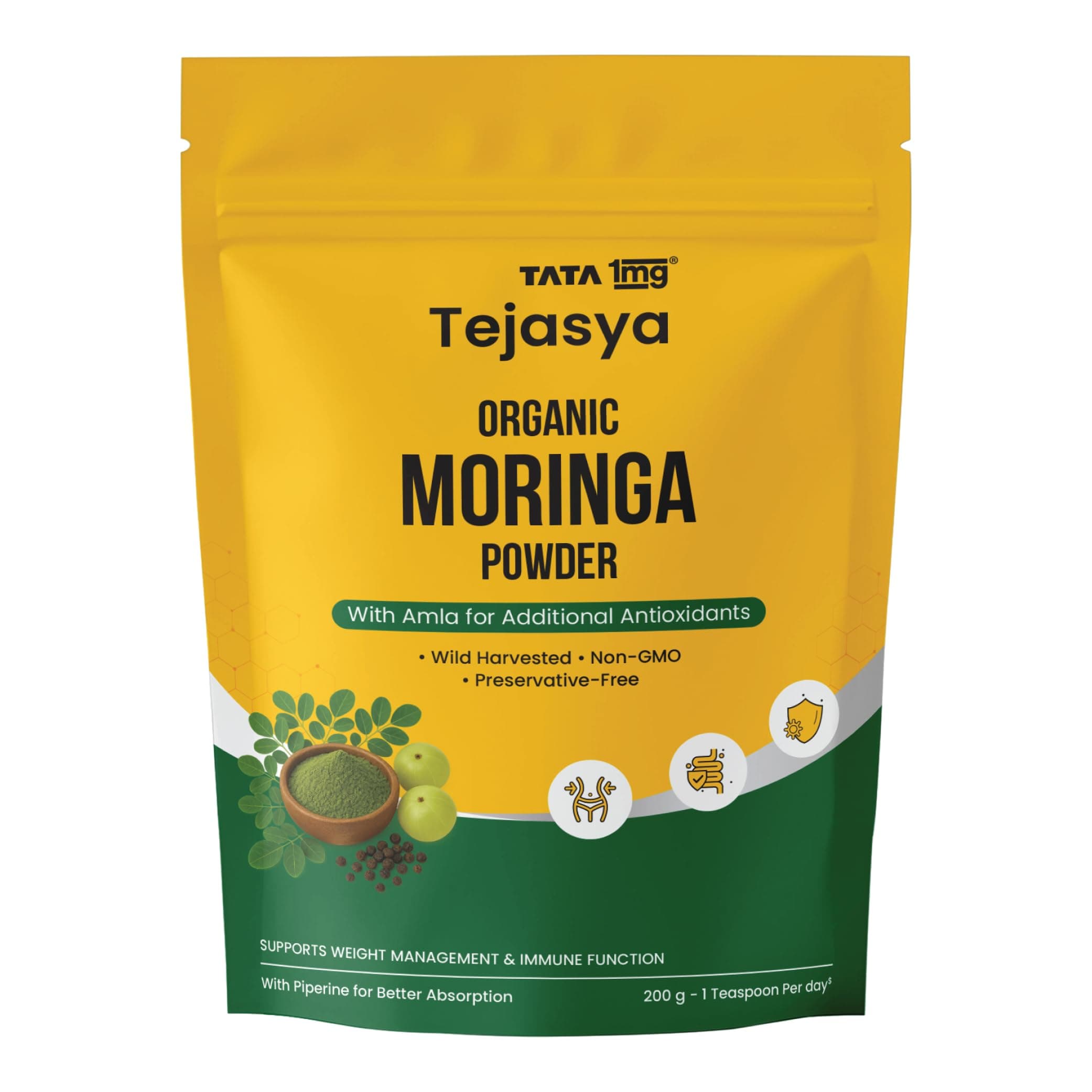 Tata 1mg Tejasya Organic Moringa Powder | Ayurvedic Superfood for Weight Management & Immunity and Detox | With Amla & Pippali for Better Absorption | Non-GMO & Preservative-Free | 200 g