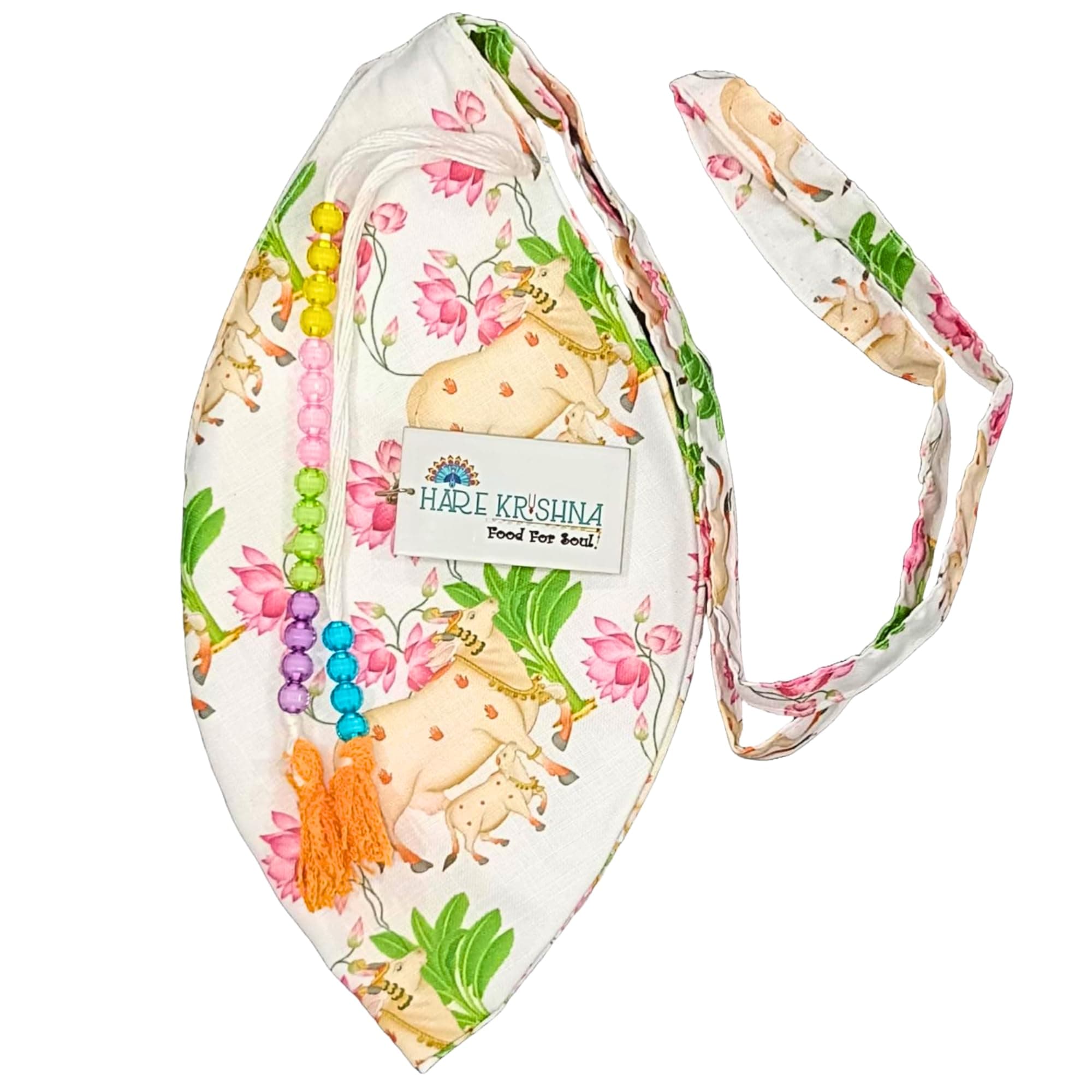 Hare Krishna Food For Soul Cow Calf Printed White Bead Bag for Chanting with Zipper Pocket, Sakshi Mala & Keychain-Jaap Mala Bag-Tulsi Mala Japa Bag-Gomukhi Jap Mala Bag - Chanting Bag (Combo)