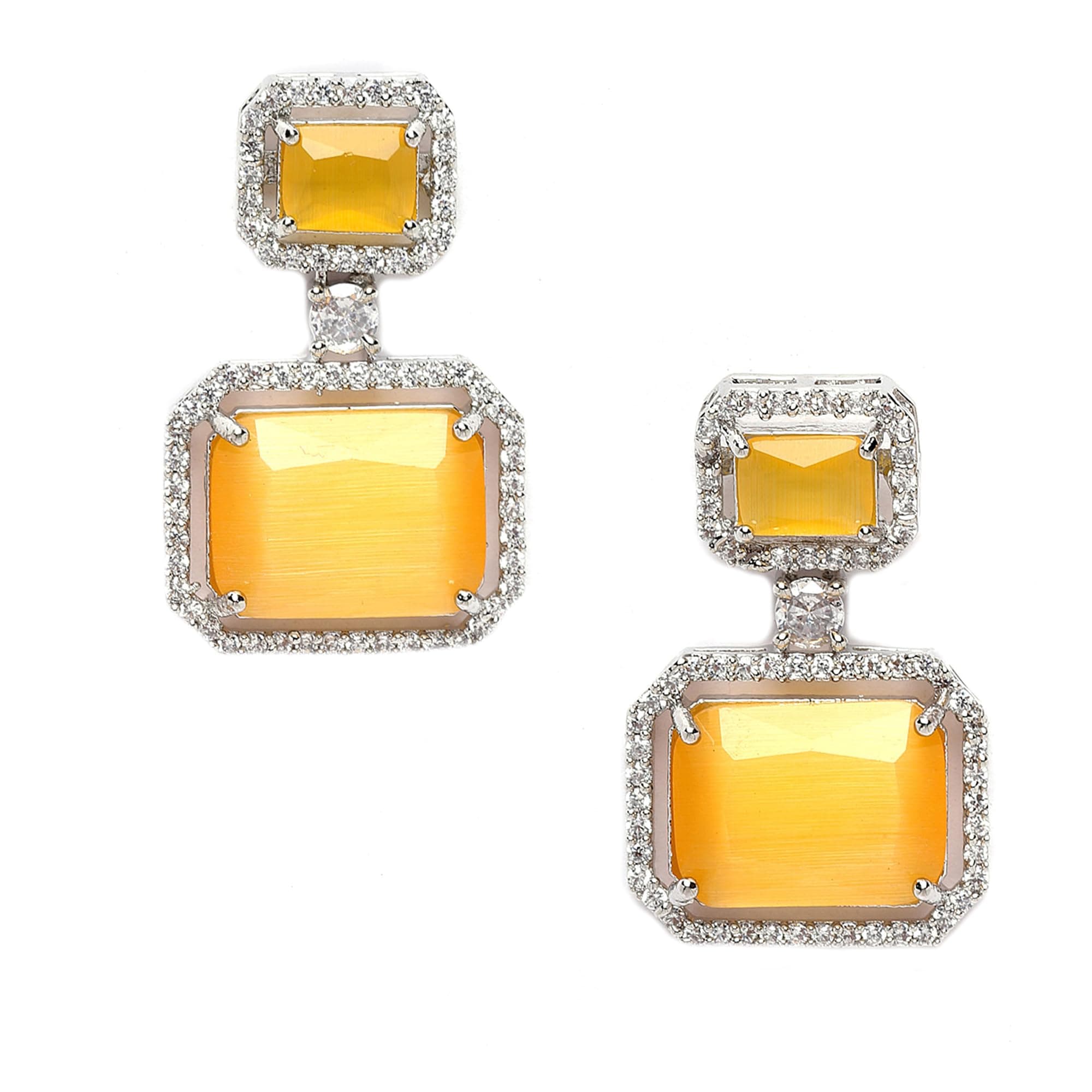 ZENEME Rhodium-Plated Silver toned Yellow American Diamond Drop Earrings for Women & Girls Rectangle Earring with Crystal AD Detailing Jewellery