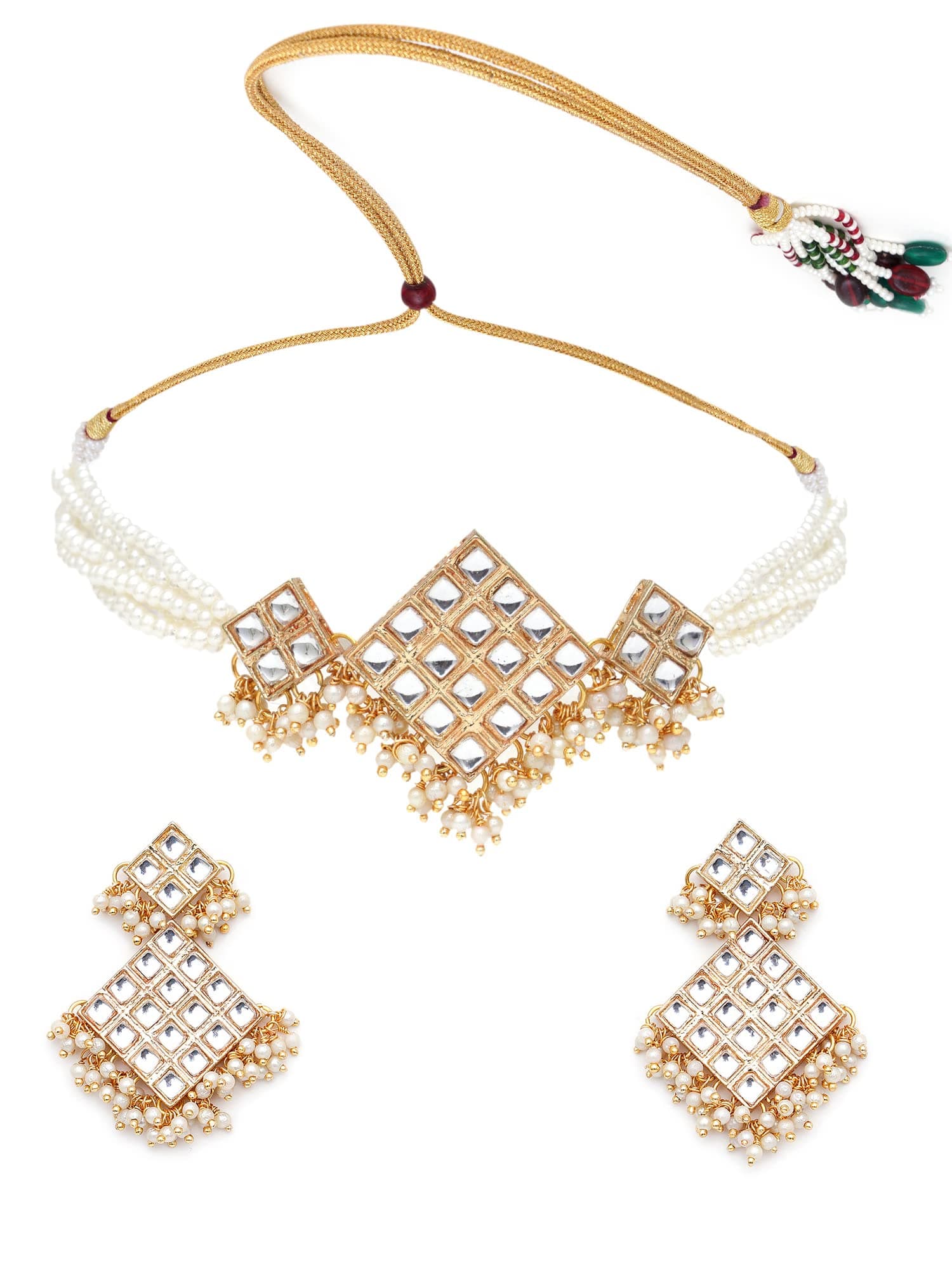Karatcart Women's Gold Plated Kundan and Pearl Beaded Choker Necklace Set
