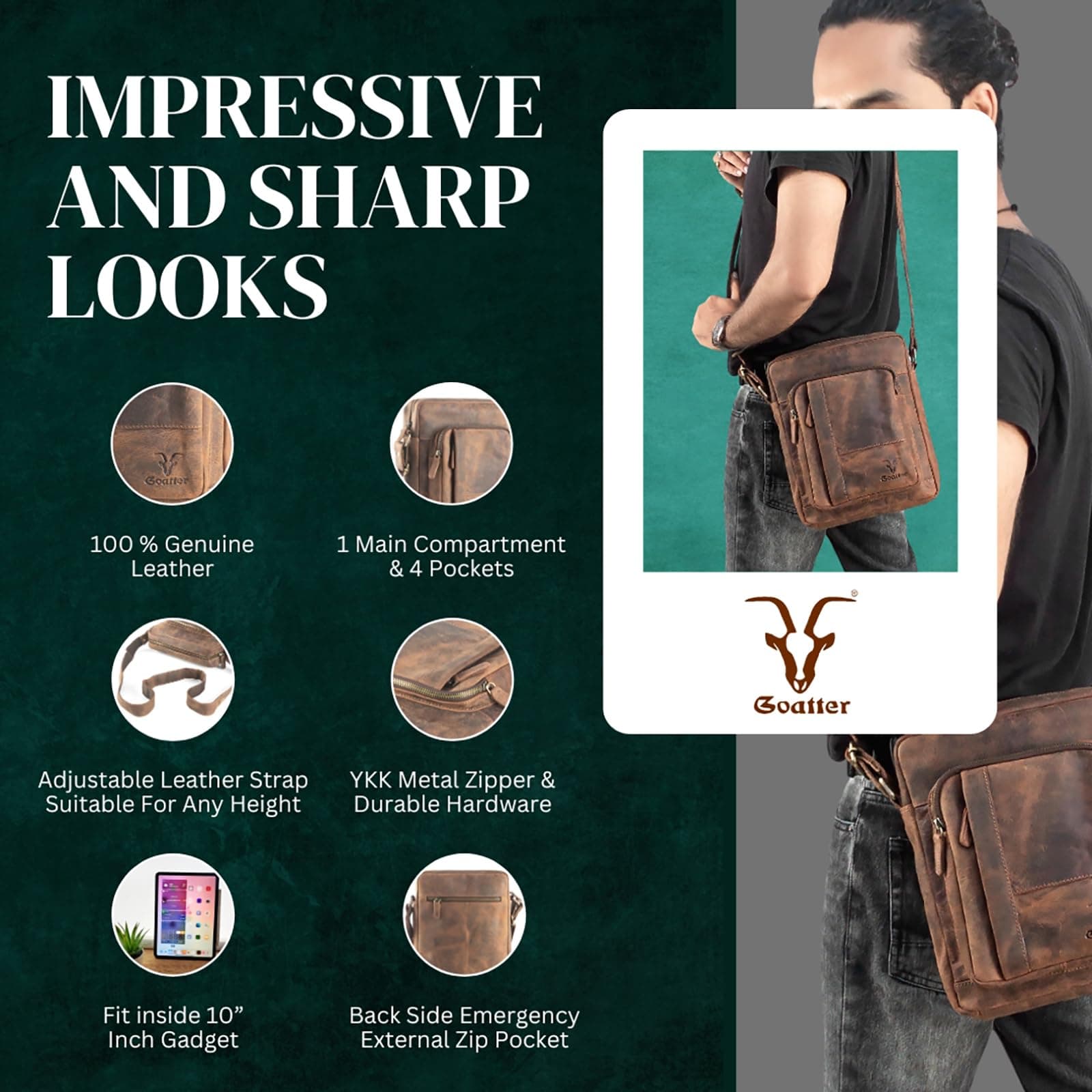 Goatter Unisex Hunter Leather Messenger Bag 11" with Multi-Pockets – Crossbody Travel Satchel for Men, Brown [GTHT-02]