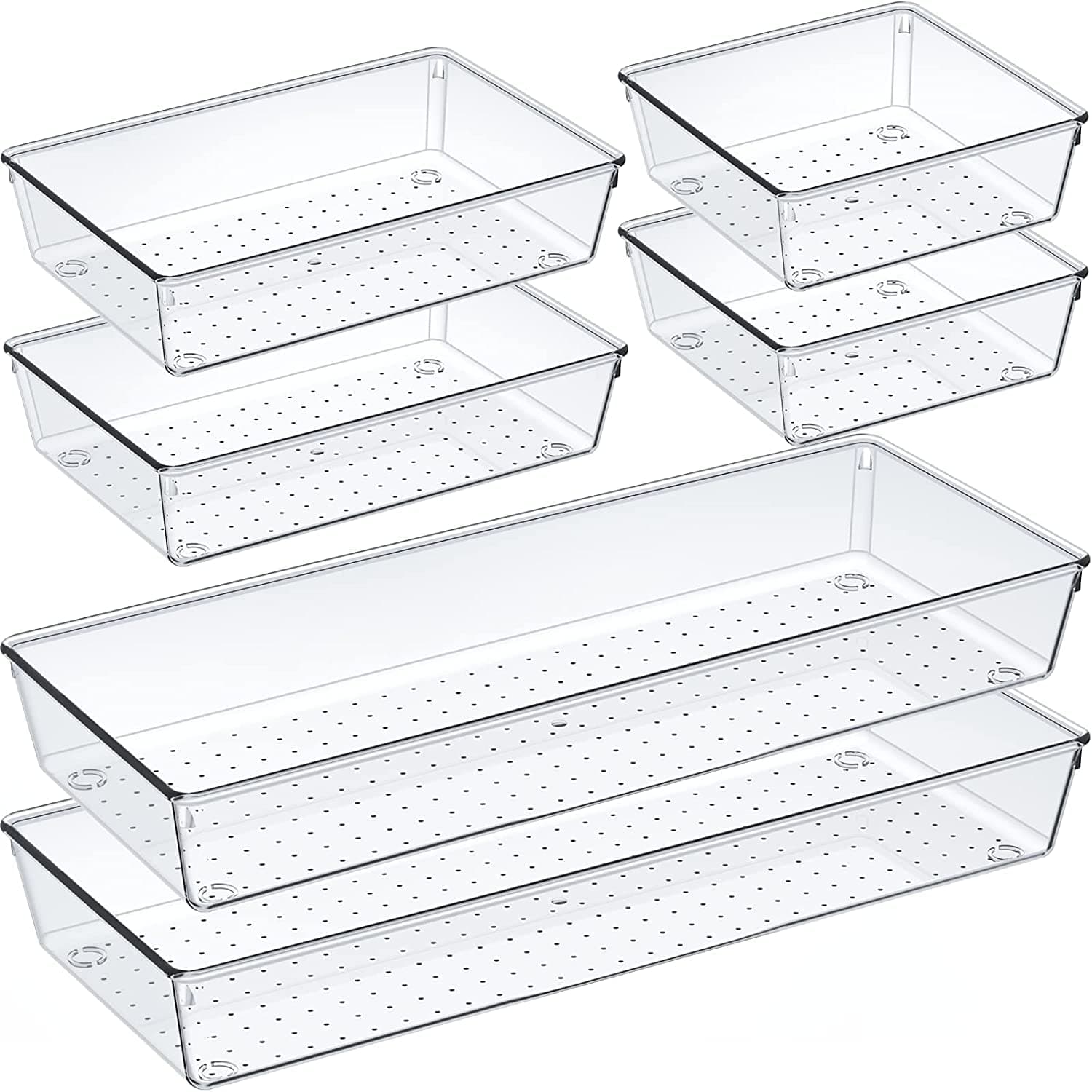 Snazzy 6 Pack Clear Plastic Drawer Organizer Set, Non Slip Non Cracking Kitchen Drawer Storage Tray Large Size Divider, Multifunctional Storage for Cosmetics, Bathroom, Tools, Kitchen and Office