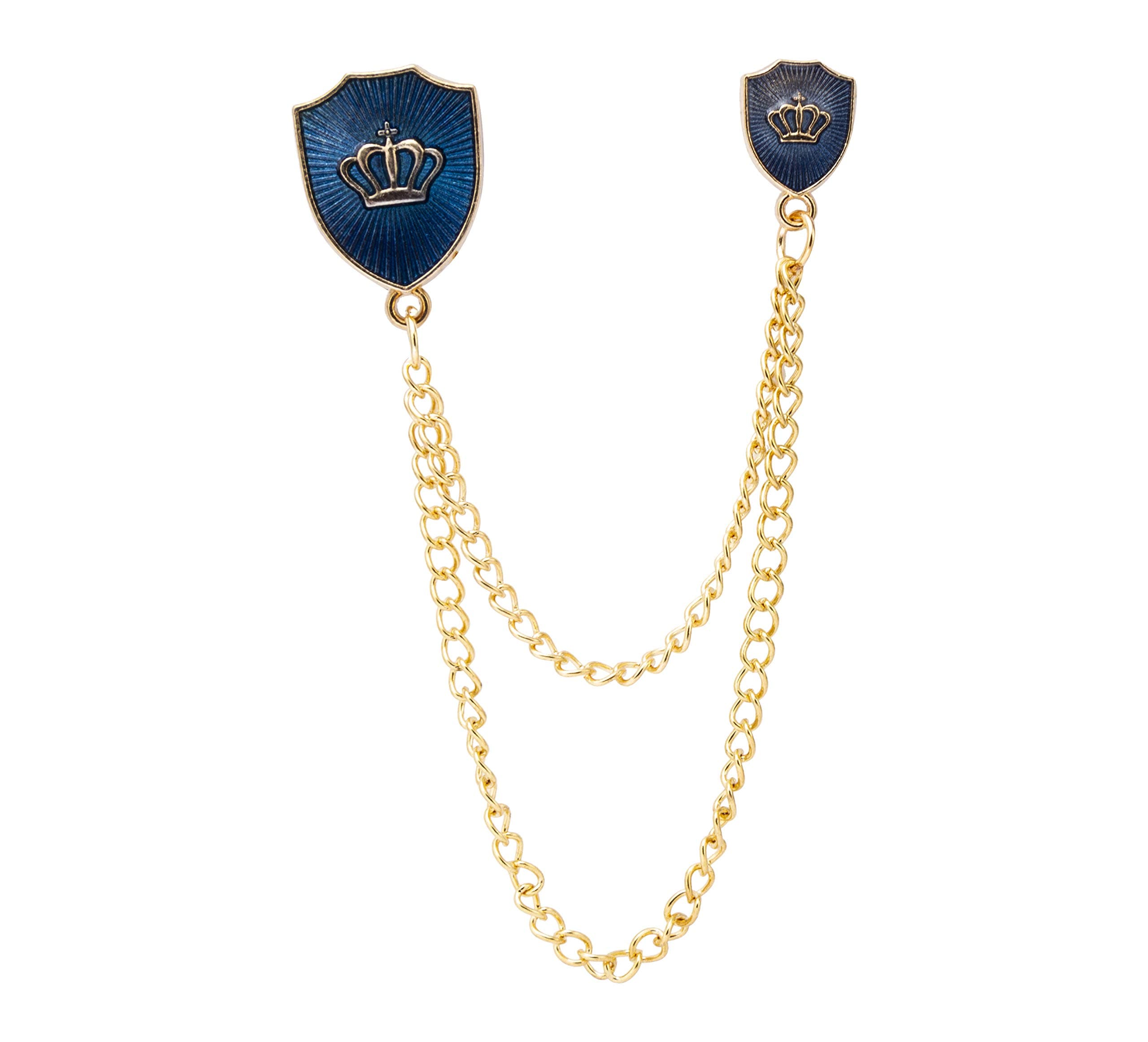 Knighthood Blue and Gold Shield with Crown Symbol and Hanging Chain Alloy Lapel Pin Brooch
