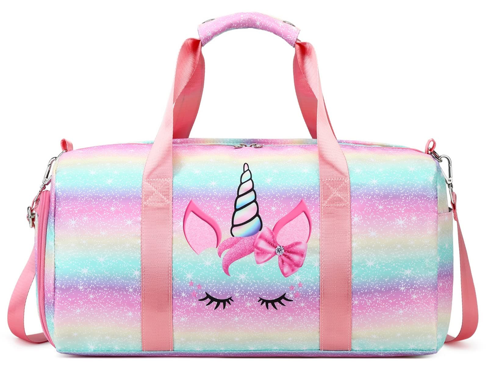 Duffle Bag Girls Teens Kids Sports Gym Bag with Shoe and Wet Clothes Compartments, Dance Swimming Sleepover Overnight Weekender Travel Bag, 01-Rainbow Unicorn, 18.1 x 8.5 x 9.4 inches, Playful