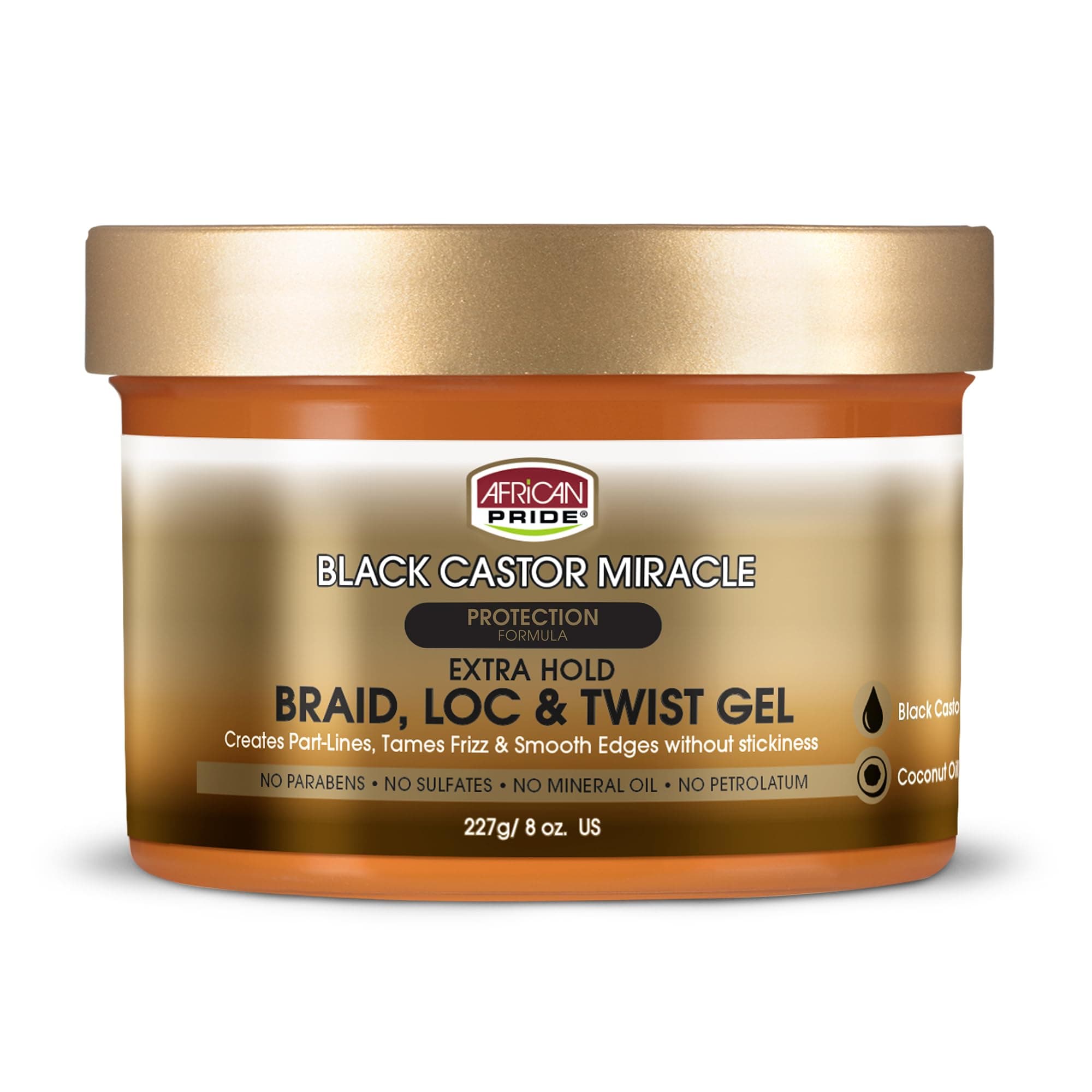 African Pride Black Castor Miracle Extra Hold Braid, Loc, Twist Gel - Tames Frizz & Edges, No Parabens, No Sulfates, No Mineral Oil, No Petrolatum, Contains Black Castor & Coconut Oil, 8 oz