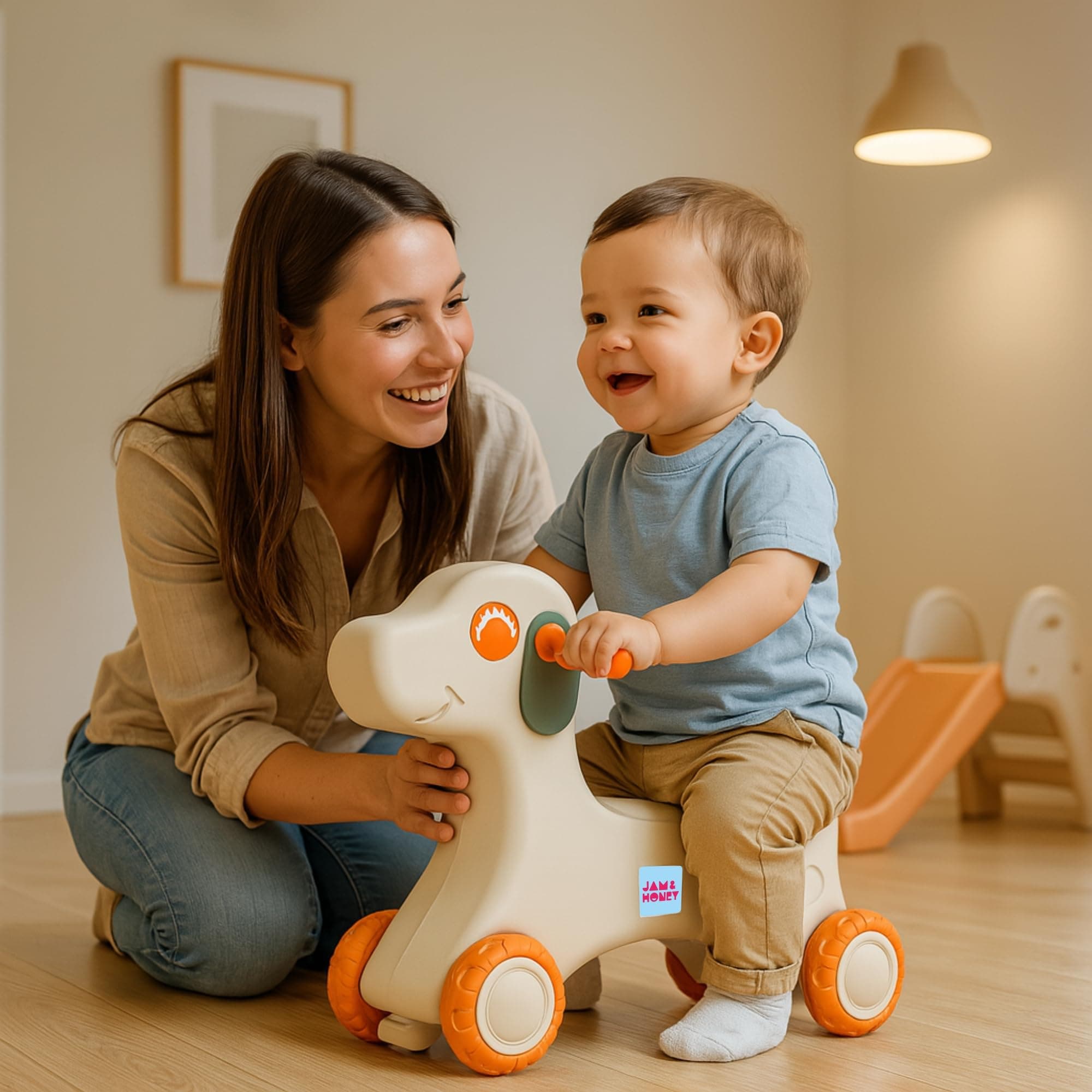 Amazon Brand - Jam & Honey Baby Puppy Push On Ride On for Kids | Backrest | Easy Grip | Four Wheel | Durable and Safe | Non-Toxic | Portable | Lightweight | Animal Theme | 1-4 Years Old | Orange