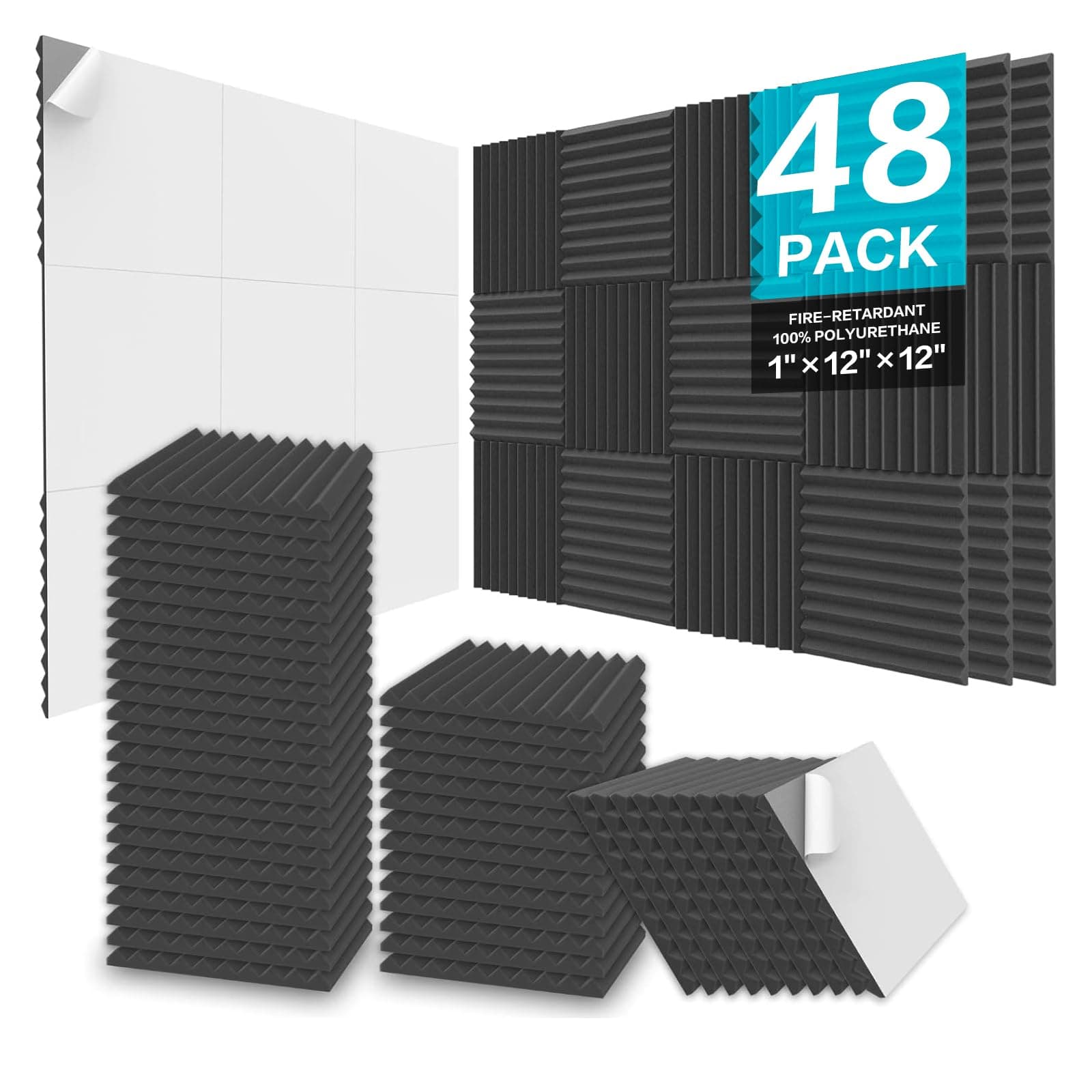 JBER 48 Pack Acoustic Foam Panels, 1" X 12" X 12" Studio Soundproofing Wedges Fire Resistant Sound Proof Padding Acoustic Treatment Foam - Black