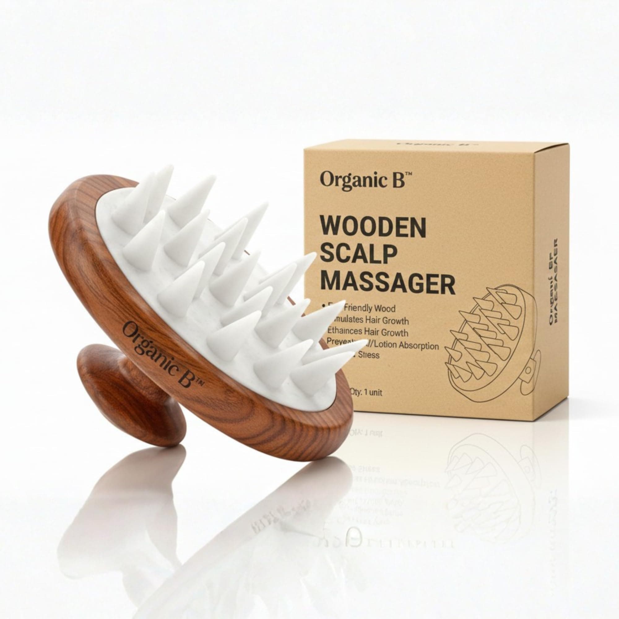 Organic B Natural Wooden Scalp Massager - Ergonomic Hair Scrubber & Massage Brush for Men and Women - Soft Silicone Bristles, Ideal for Wet/Dry Hair Use
