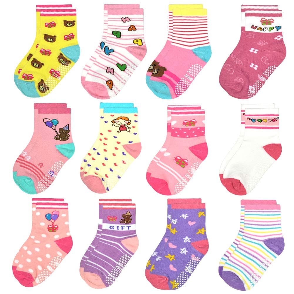 Toddler Socks Kids Non Slip Socks for Boys Girls 12 Pairs Tphon Baby Socks With Grips for 3-5 Years Children