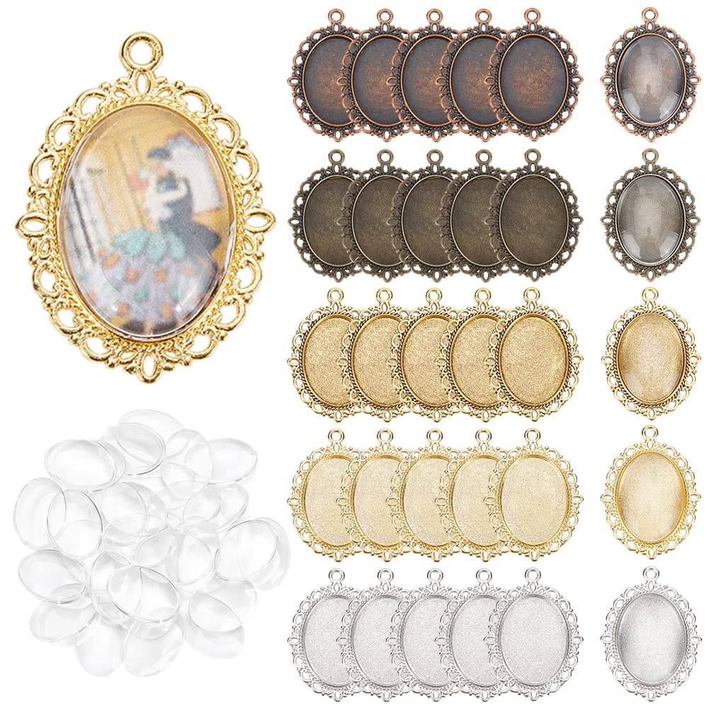PH PandaHall 60pcs Pendant Tray Kit, 30pcs 5 Color Oval Pendant Trays Bezel, 30pcs 25 x 18mm Glass Cabochon Dome Tiles Clear Cameo for DIY Photo Pendant Jewelry Making