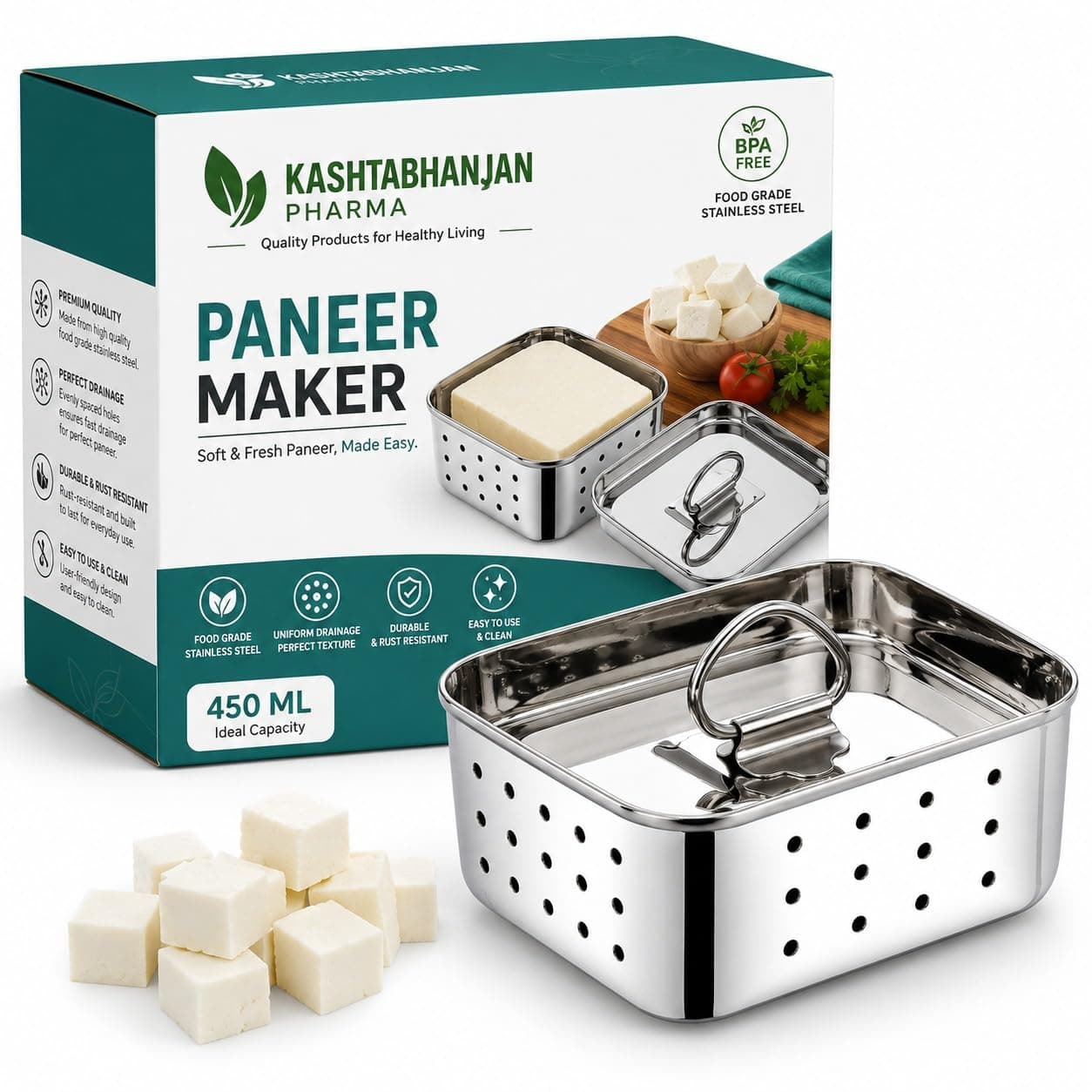 KASHTHABHANJAN PHARMA® Large Stainless Steel Paneer Maker (500 ml) - Square Paneer Maker Mould Press with Lid | Rust Resistant Medium Paneer Strainer - Perfect for Fresh Paneer, Tofu & Sprouts