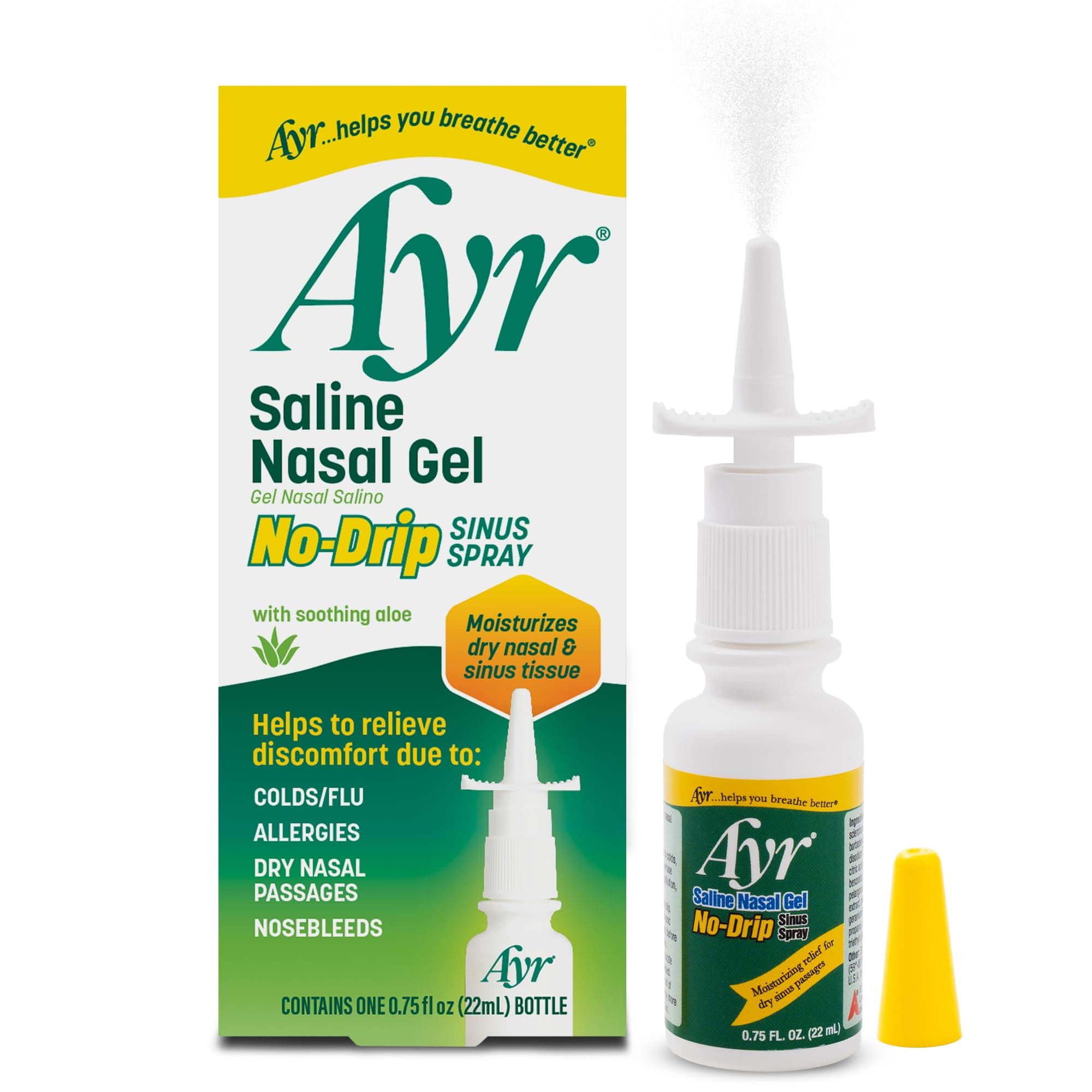 Ayr Saline Nasal Gel No-Drip Sinus Spray With Soothing Aloe Vera, 0.75 Ounce Spray Bottle