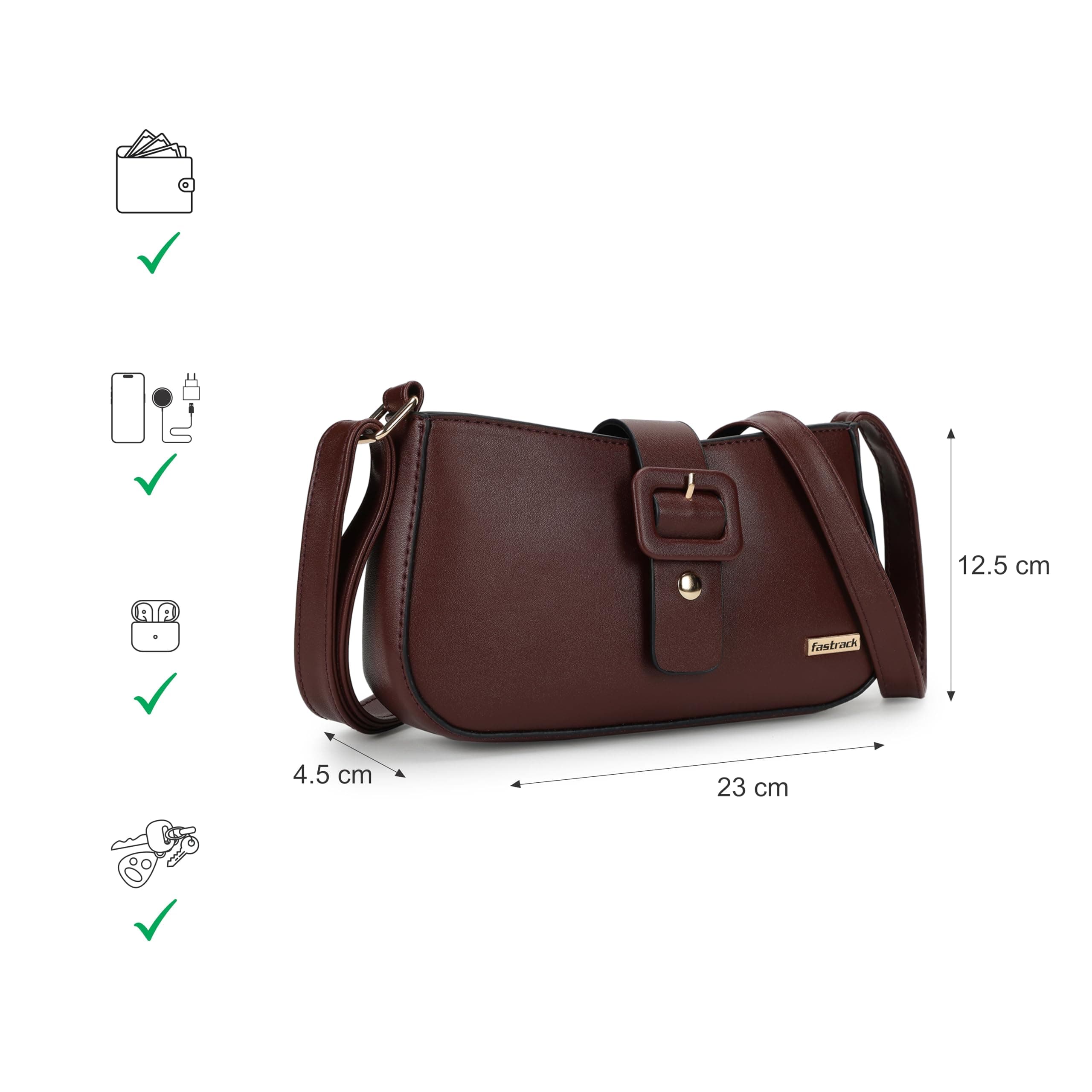 Fastrack Women's Buckle Detail Sling Bag with Flap and Top Zip Closure | Adjustable Sling Belt and Inner Zip Pocket | Stylish Everyday Bag | Trendy Women's Handbags, Brown