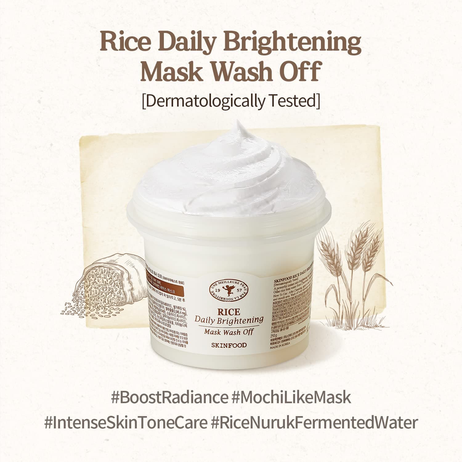 SKIN FOOD since 1957 Rice Daily Brightening Mask Wash Off, 210g | Korean Face Mask with Rice Bran Water | Unclogs Pores, Gentle Exfoliation | Brightens Dull Skin | Hydrating | For Normal to Dry Skin