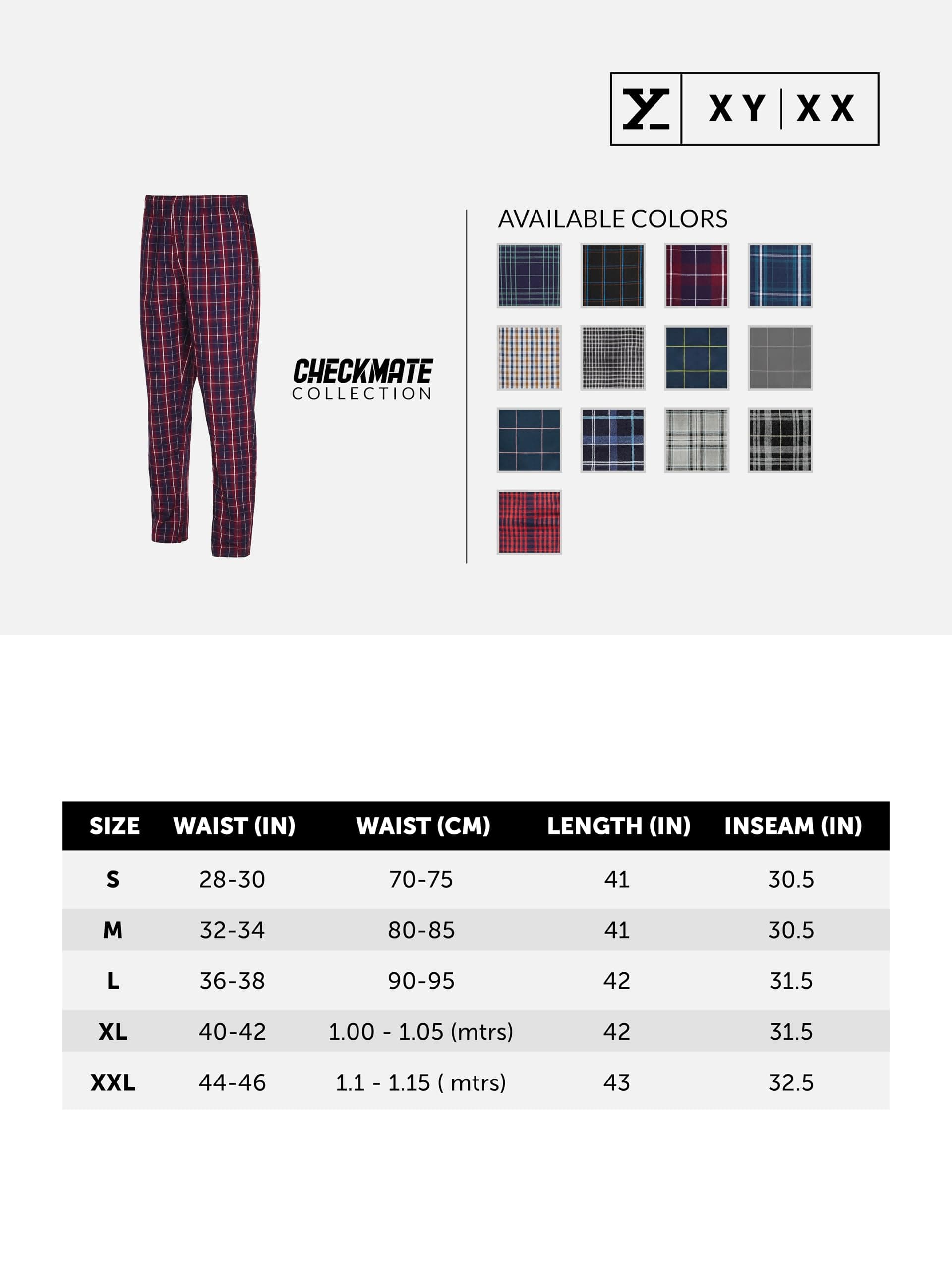 XYXX Men's Super Combed Cotton Checkered Checkmate Pyjamas [Pack of 3] Elasticated Waist, Drawstring | Loungewear for Men in Red,Pink & Black Checks