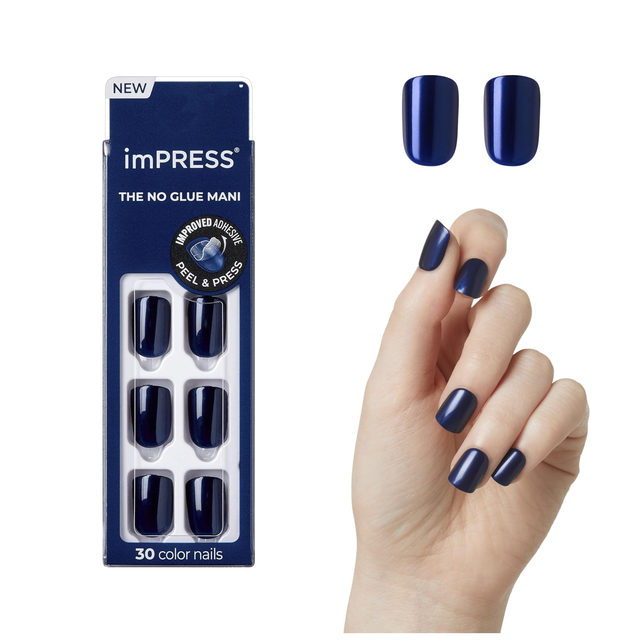 KISS imPRESS Color Press-On Manicure, Gel Nail Kit, PureFit Technology, Short Length, ââ‚¬Å“Never Too Navyââ‚¬Â, Polish-Free Solid Color Mani, Includes Prep Pad, Mini File, Cuticle Stick, and 30 Fake Nails