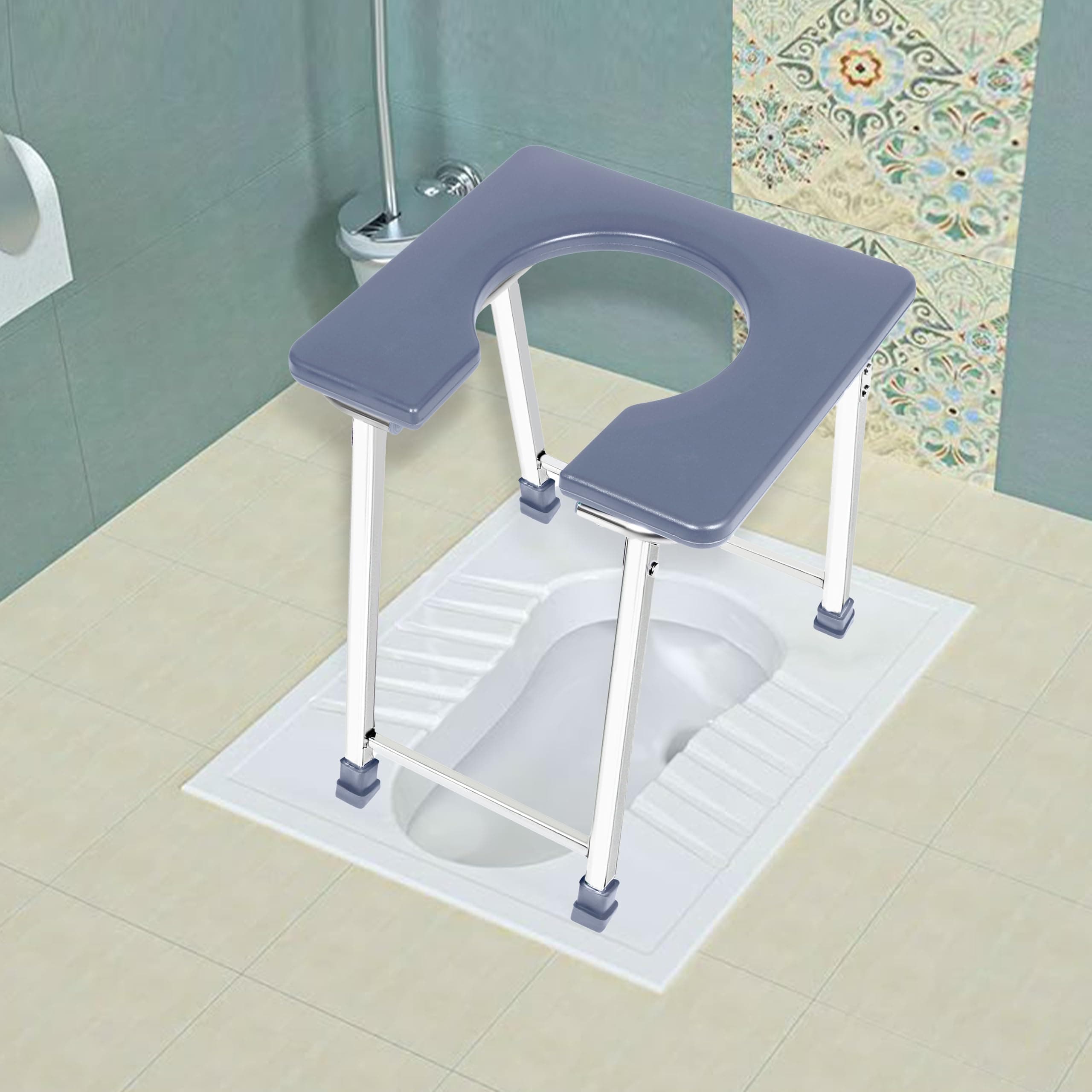 Foldable 202-Grade Stainless Steel Commode Chair, Portable Toilet Stool with Anti-Slip Rubber Feet, 100 kg Weight Capacity, Stable & Easy-Clean Bathroom Aid for Elderly, Disabled & Patients