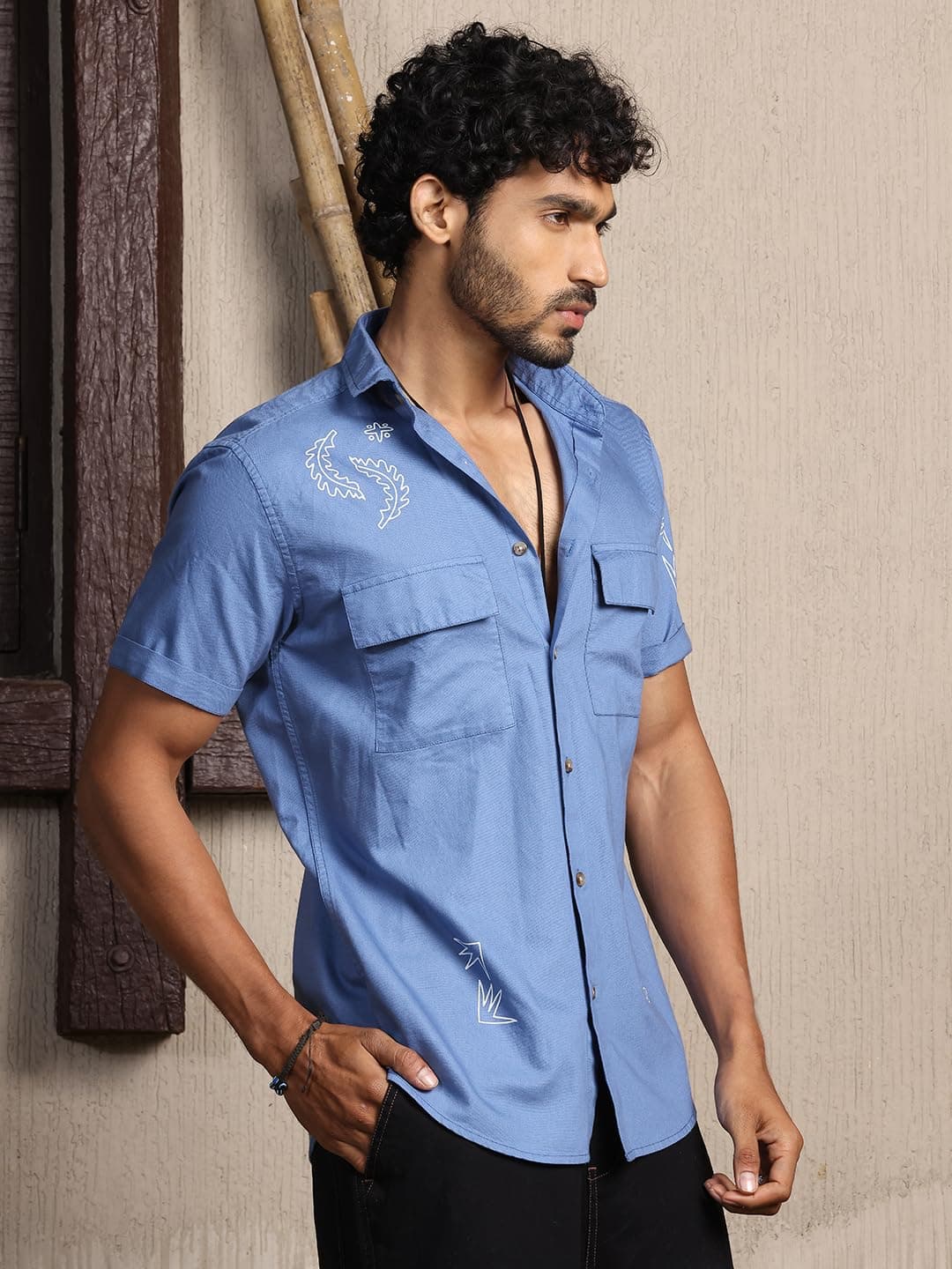 Thomas Scott Men's | Embroidered Printed | Half Sleeve | Regular Fit | 100% Cotton | Double Pocket | Spread Collar | Casual Shirt