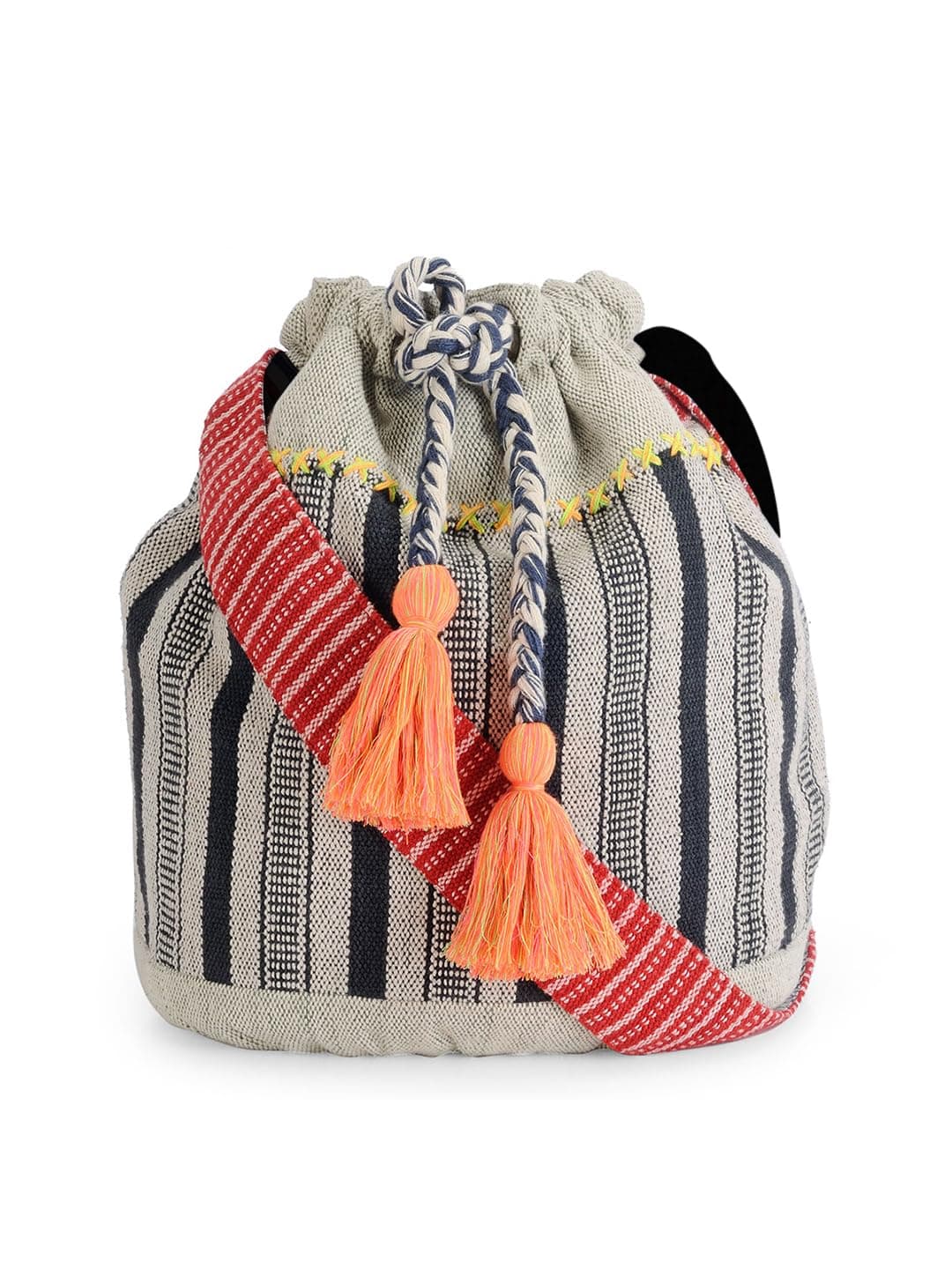 The House of tara Handloom Boho Sling Bag for Women | Cross Body Bag for Women with Waterproof Inner Lining, Drawstring Closure | Shoulder Bags Suitable for College & Daily Essentials (Black Grey)