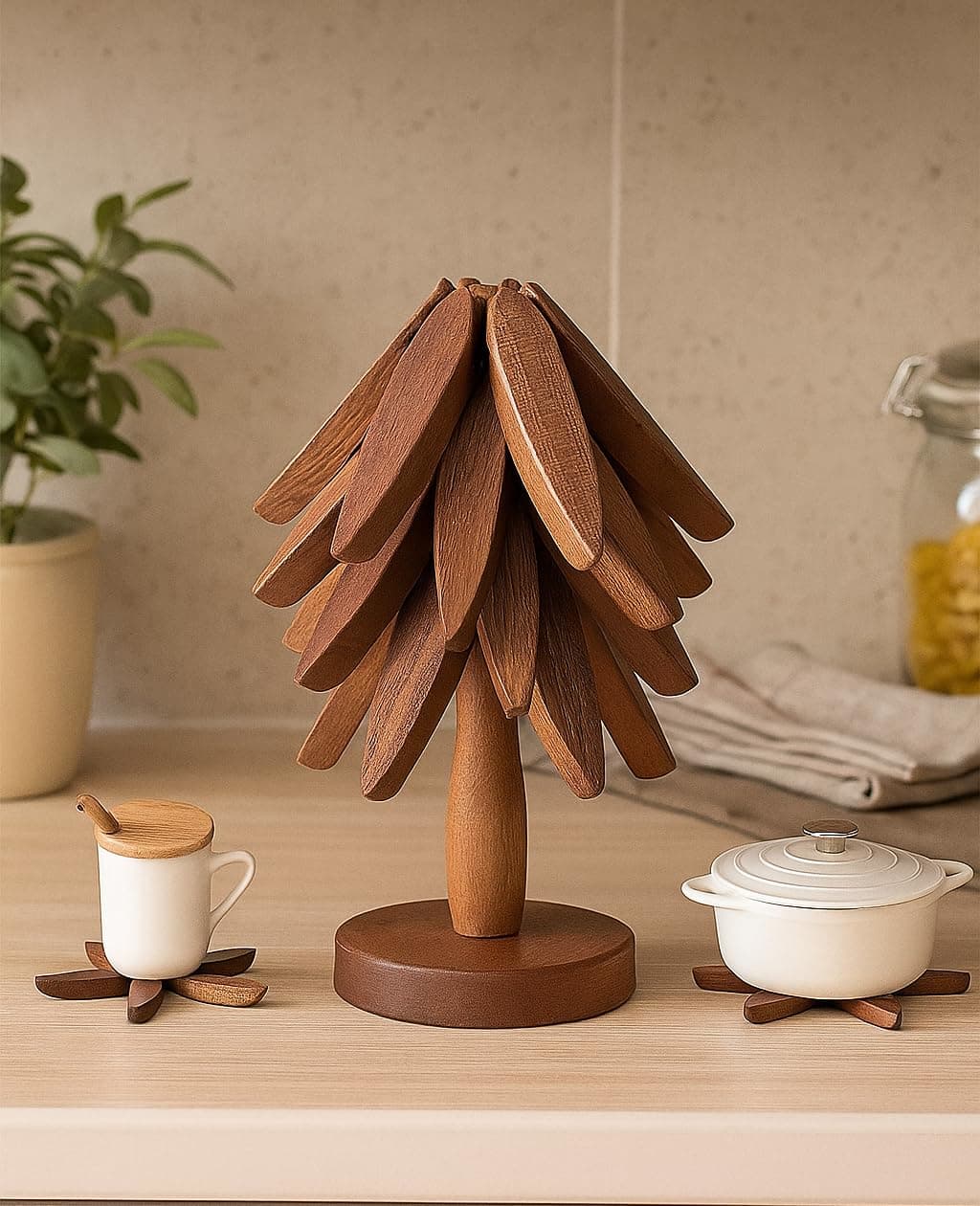 BROWN ART SHOPPEE Tree Coaster, Wooden , Coster for Dishes Stand, Trivet Stand, Wooden Trivets for Hot Dishes, Kitchen Trivets for Hot Dishes,Tree Shape Trivet Set Coastar,Stacking 4 Pieces Trivet
