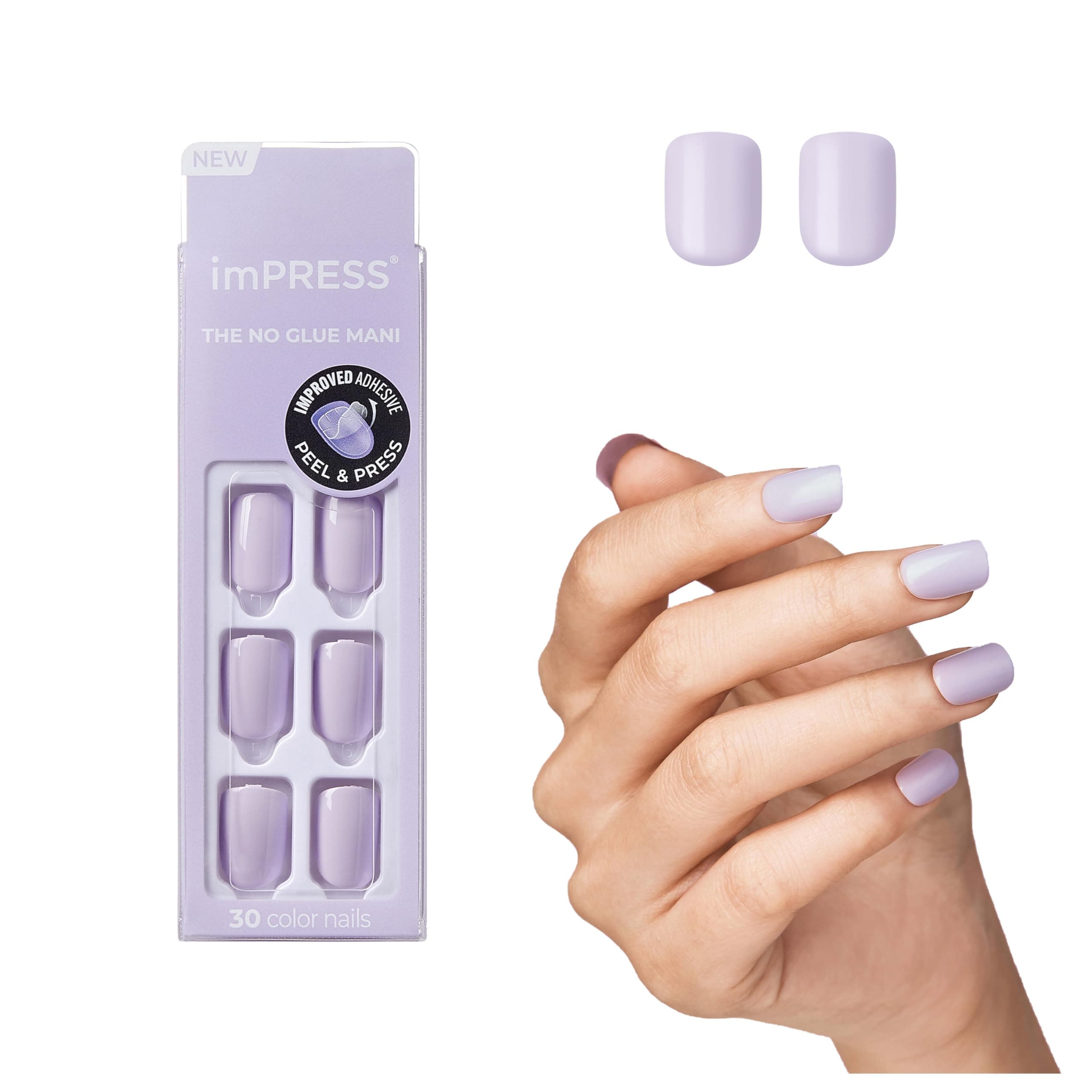 imPRESS KISS imPRESS Color Press-On Manicure, Gel Nail Kit, PureFit Technology, Short Length, Picture Purplect, Polish-Free Solid Color Mani, Includes Prep Pad, Mini File, Cuticle Stick, and 30 Fake Nails.