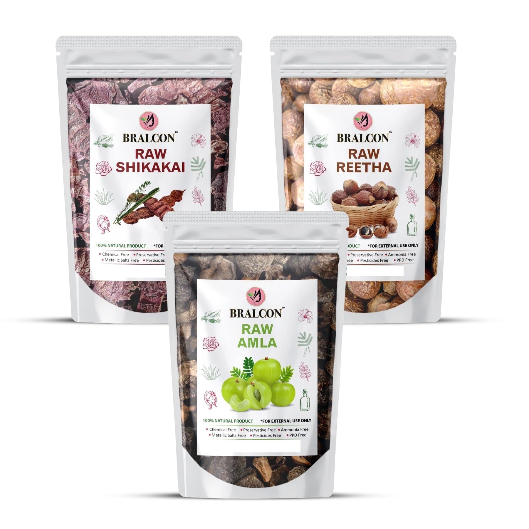BRALCON Raw Shikakai, Reetha, Amla Combo, 100% Natural, Chemical Free, Preservative Free, 100g Each, 3 Pack Hair Conditioner