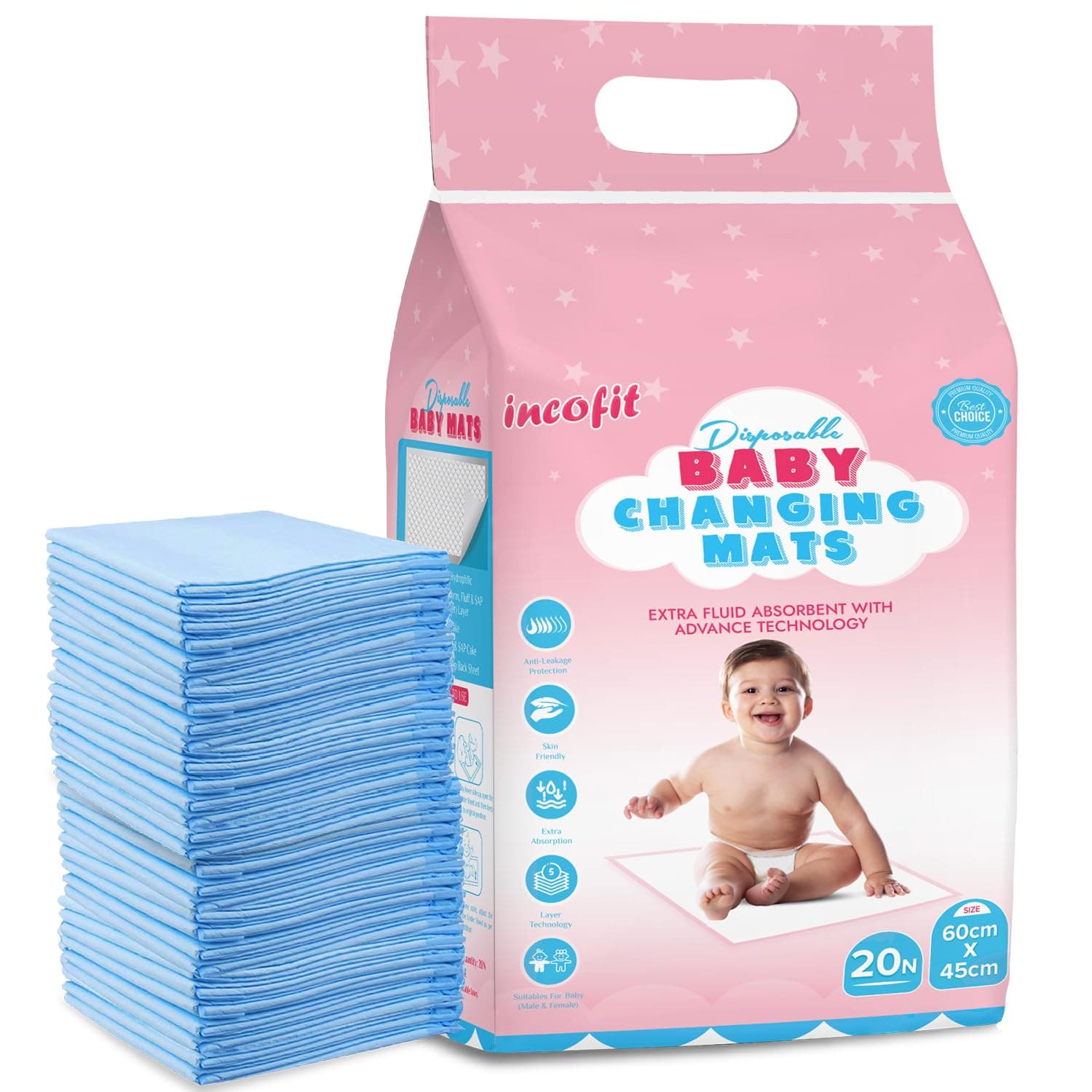 Incofit 20 Count 60 X 45 Cm Baby Disposable Underpad | Changing Mats | Changing Pads | Baby Waterproof Pads | Waterproof Diaper | Breathable Underpads | Bed Protector