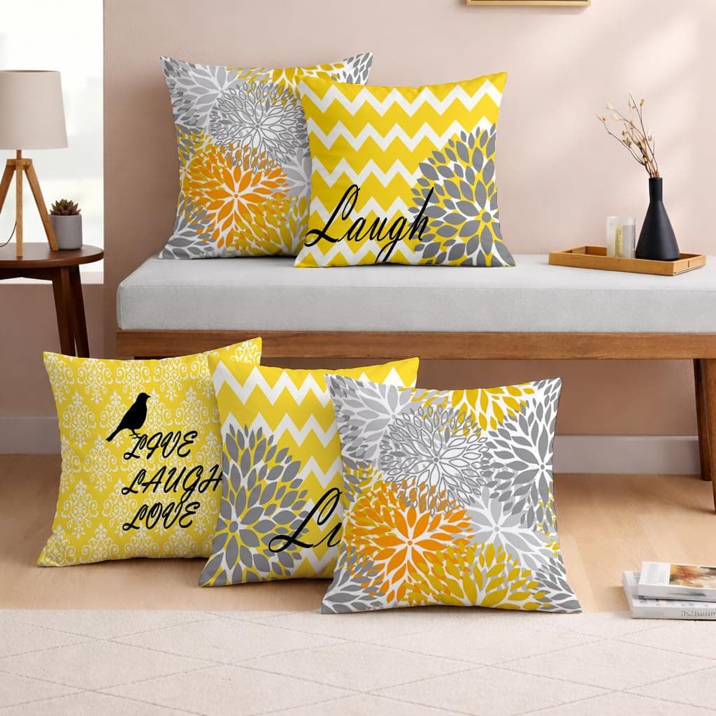 STITCHNEST Set of 5 Polycotton Cushion Covers – 16x16 Inches – Yellow Chevron & Floral Print with ‘Live Laugh Love’ Text – Bright & Uplifting Sofa Cushion Covers for Home Decor
