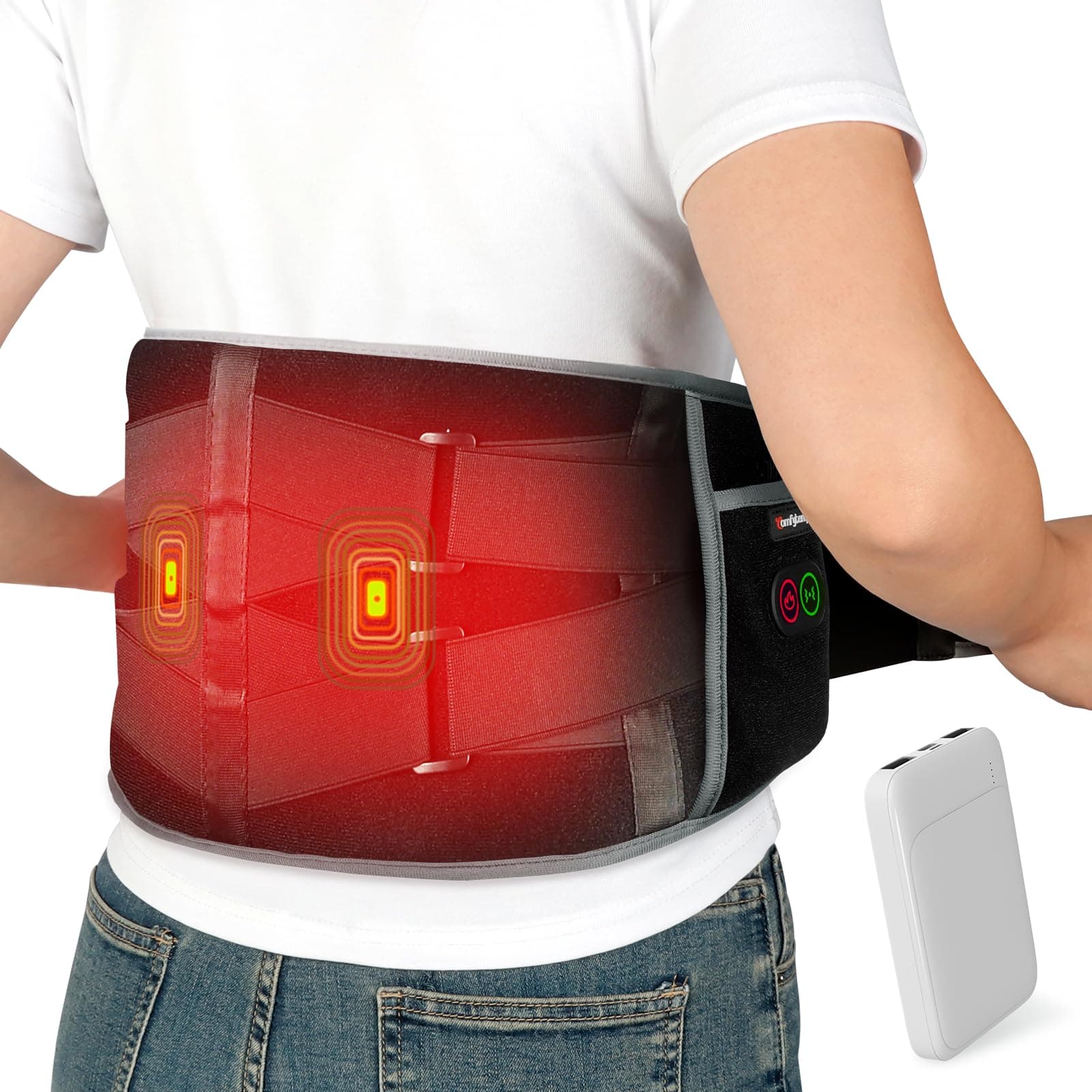Comfytemp Cordless Back Heat Pad with Massager for Back Pain Relief, Portable Heated Back Warmer with Dual Adjustable Straps, Lower Back Massager with 3 Heating Levels, Heating Waist Belt for Period