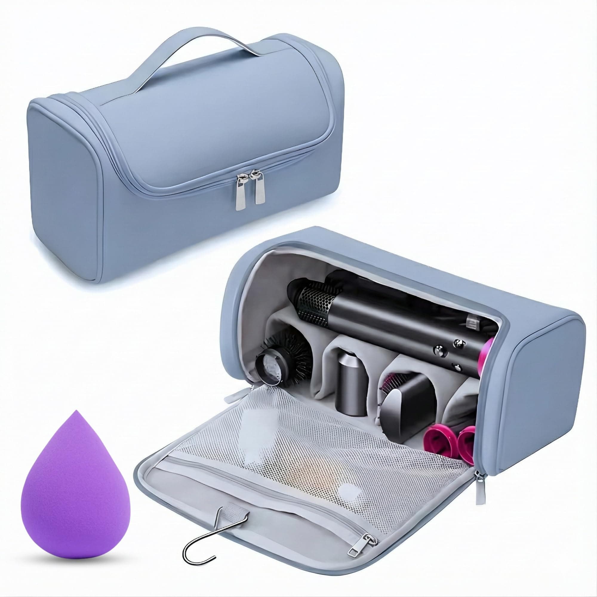 OCEANEVO Travel Pouch for Airwrap Styler WITH Makeup Sponge, Storage Organiser Bag for Airwrap Attachments with Hanging Hook (Bag Only) - 31 x 14 x 16 Cm - Sky Blue - 1 Year Warranty