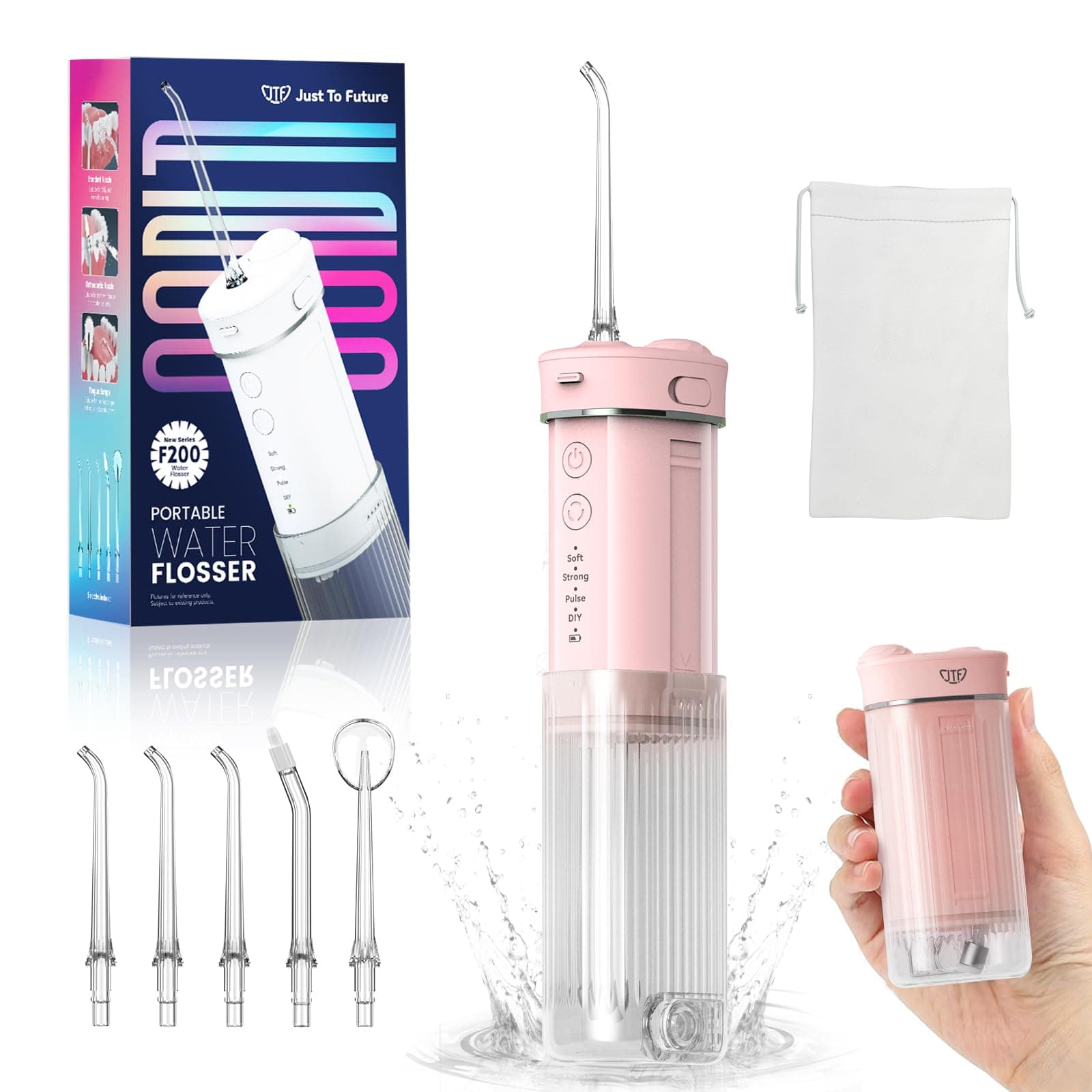 Travel Water Flosser, Portable Water Flosser, Water Teeth Cleaner Pick, Mini Portable Oral Irrigator, Telescopic Water Tank with 5 Nozzles, IPX7 Waterproof, Cordless Water Flosser for Teeth, Gums