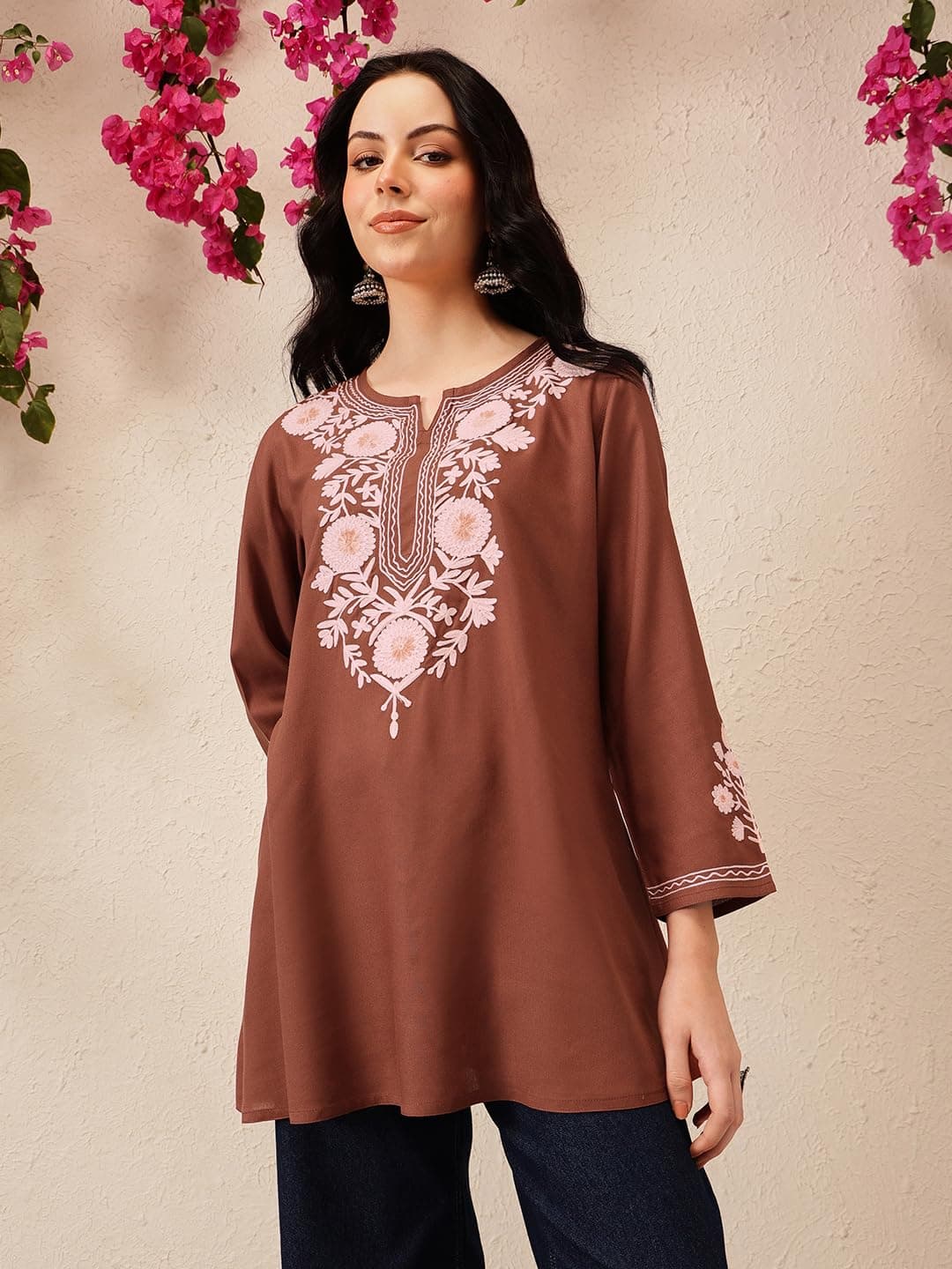QAZMI Women's Aari Embroidered Viscose Rayon Full Sleeves A-Line Flared Short Kurti