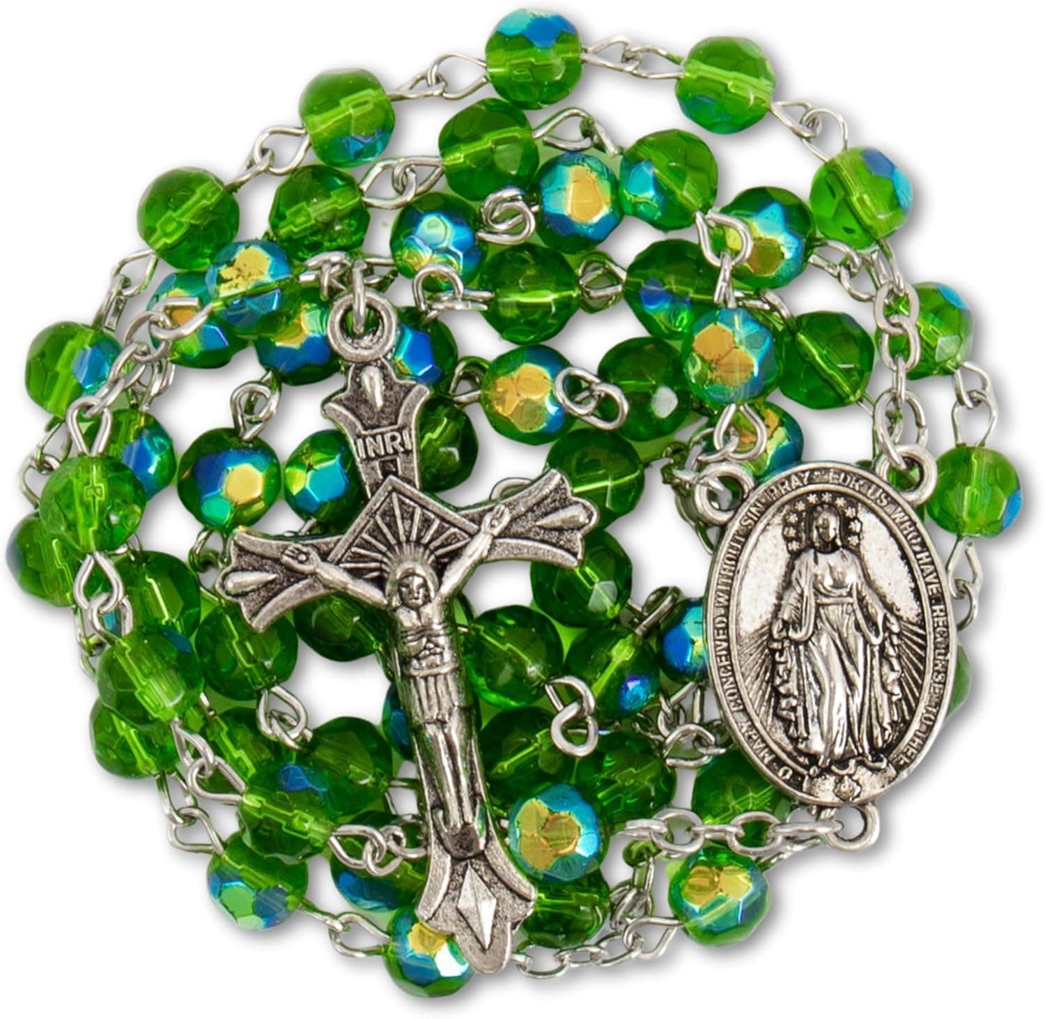 Nazareth Store Catholic Green Crystal Beads Rosary Necklace Holy Mary Cross Crucifix Jerusalem Velvet Bag