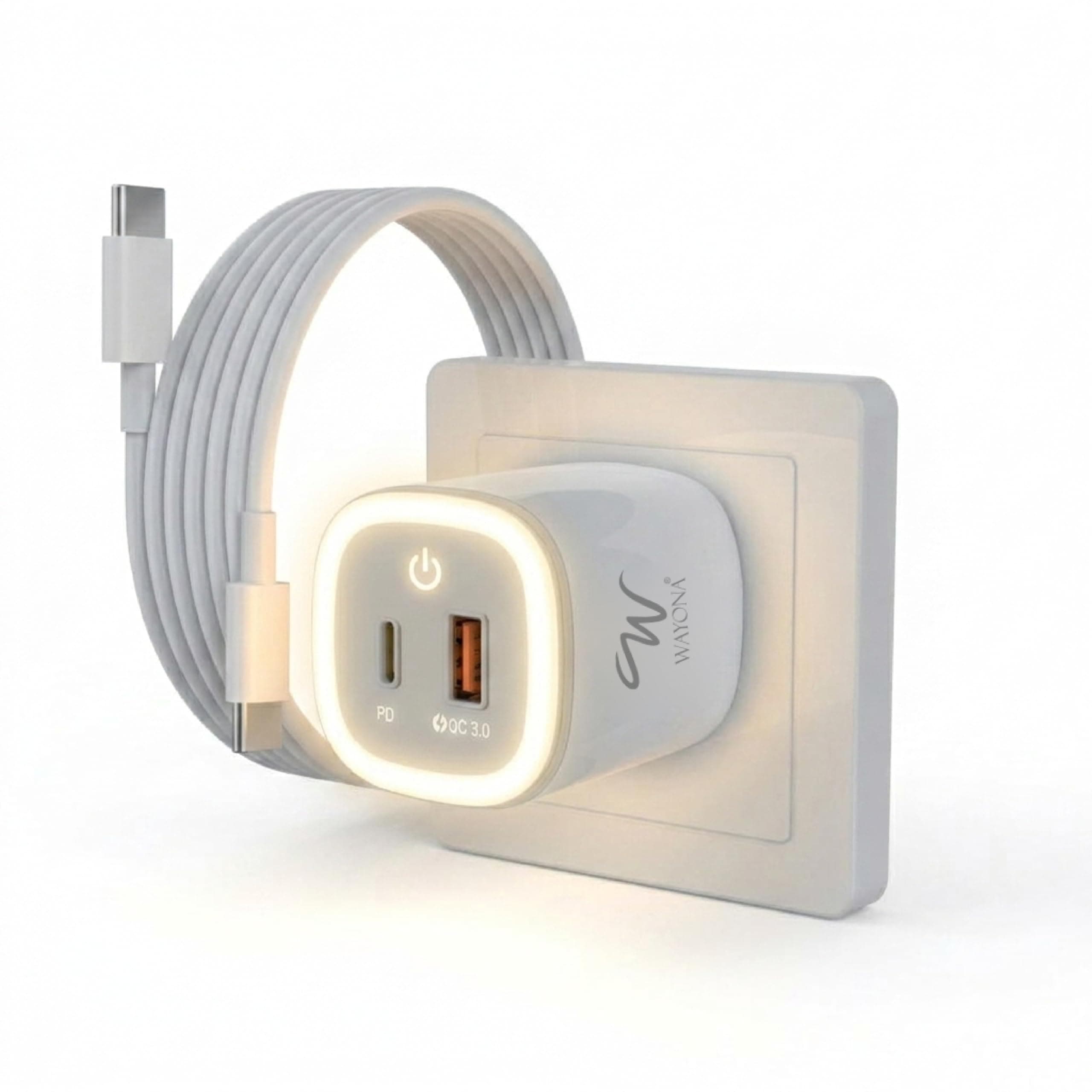 30W Fast Charger | USB C PD Wall Adapter + QC 3.0 USB A | Adjustable Night Light with Dual Port Charging | Compatible with iPhone 17,16/15/14/13,Samsung Galaxy S26/S25/S24/S23,OnePlus, MI & Android