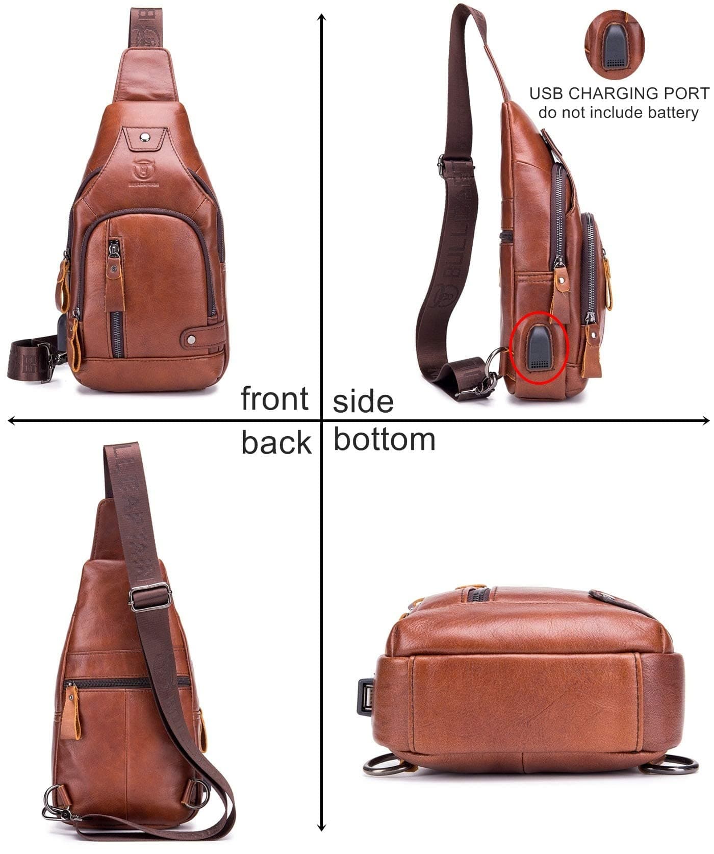 BULLCAPTAIN Leather Men Sling Bags Travel Crossbody Chest Bag Hiking Daypack with USB Charging Port Multi-Pocket
