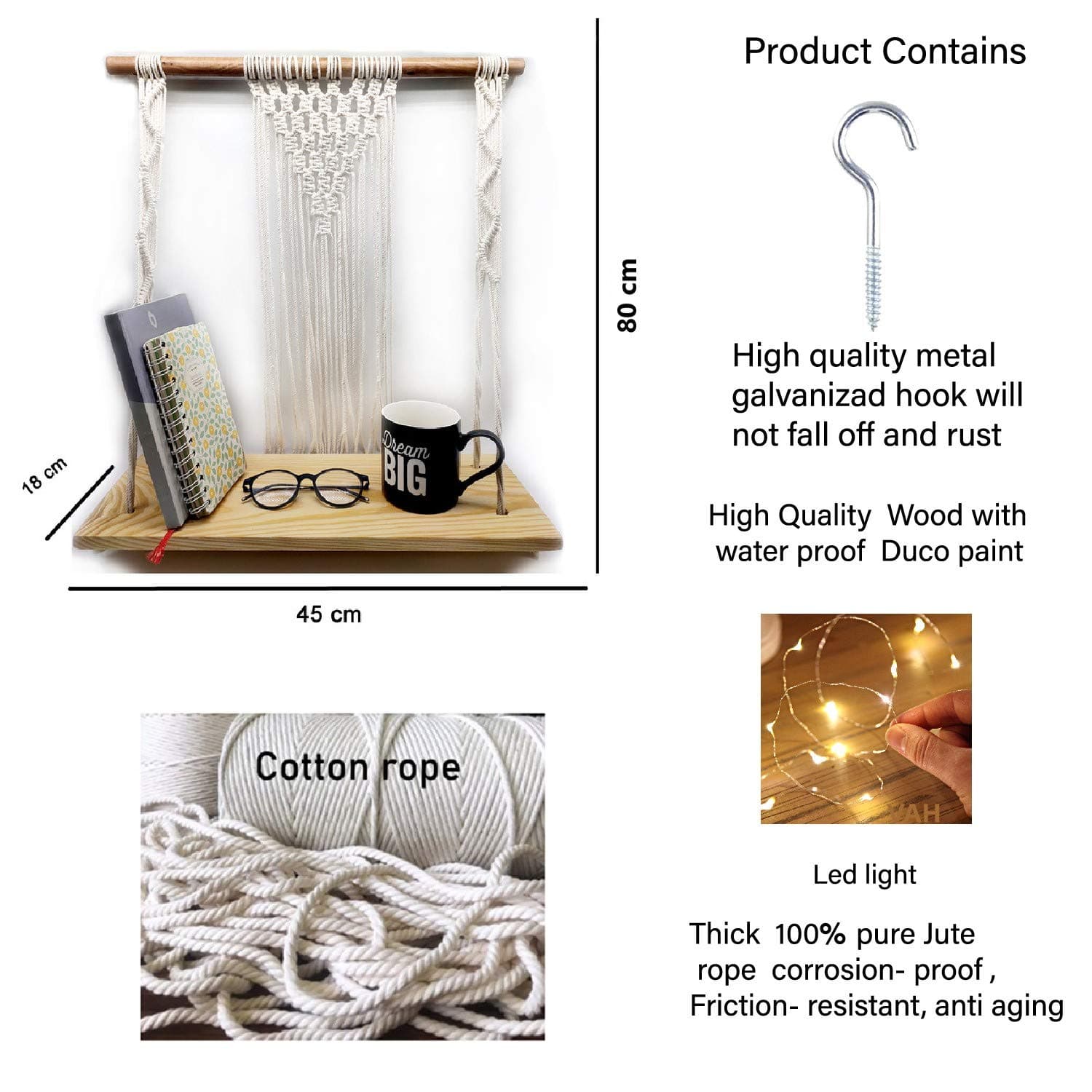 VAH- Kya Bat Hai !! Wooden Floating Shelves with LED Light (Brown)