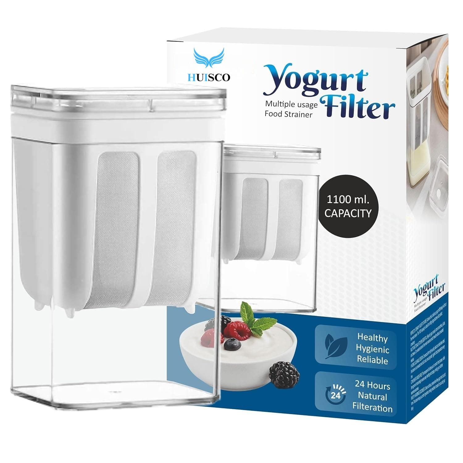 HUISCO Hung Curd Strainer Box | Curd and Greek Yogurt Maker - 1100ml Fine Mesh Strainer with Lid | Curd Maker for Home | Multifunctional Yoghurt Filter | Whey Separator | Home Kitchen Storage Jar